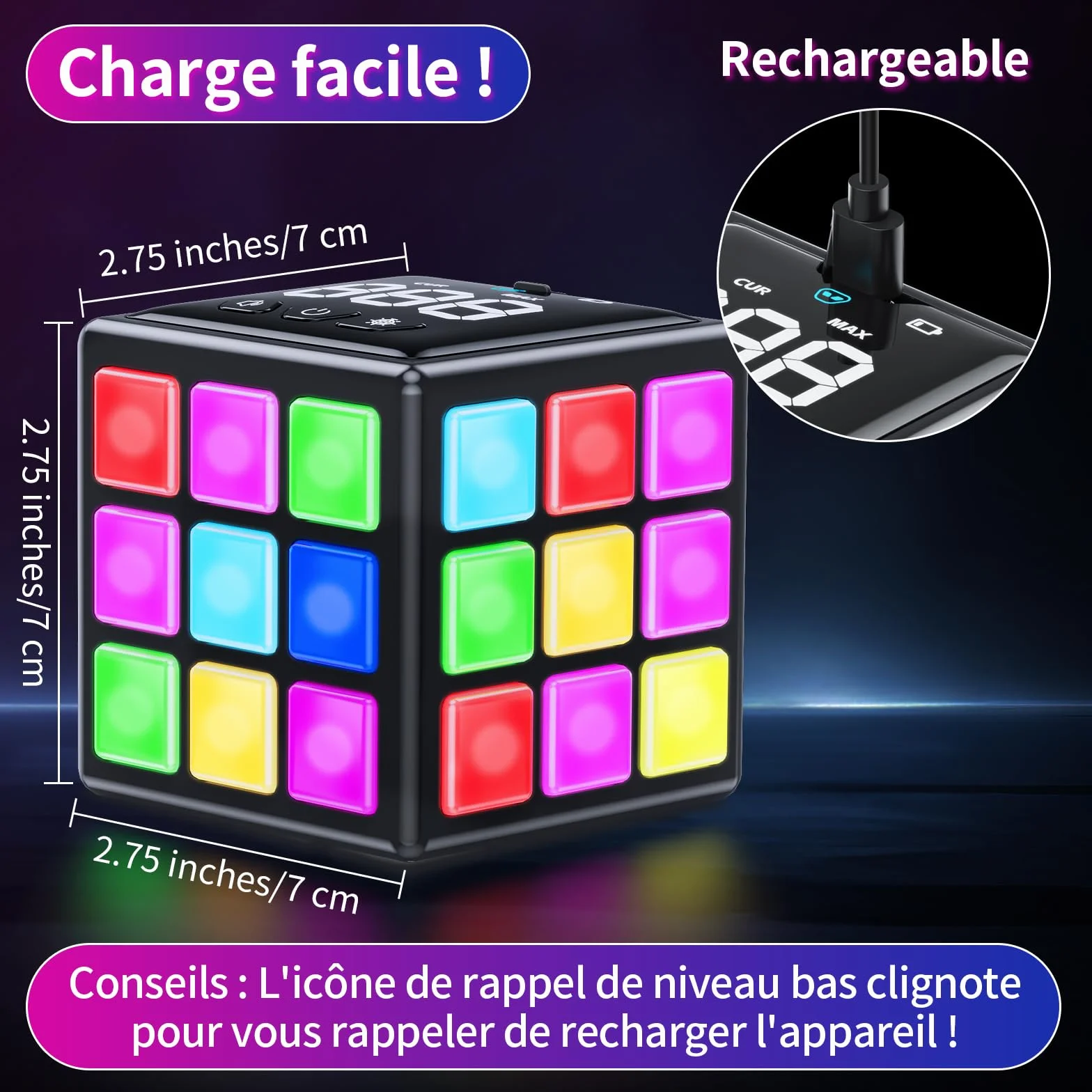 Xinbeiya Cube de Jeu Rechargeable 15-en-1 Jeux de Cerveau Mémoire Rapidité Enfants 6-12 Ans Version Française Noir