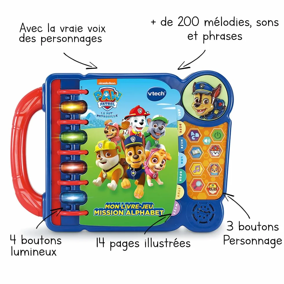 VTech Pat' Patrouille Mon Livre-Jeu Mission Alphabet Jeux Éducatifs Livre Sonore Musical Jouet Paw Patrol Cadeau Enfant 3-7 Ans Français