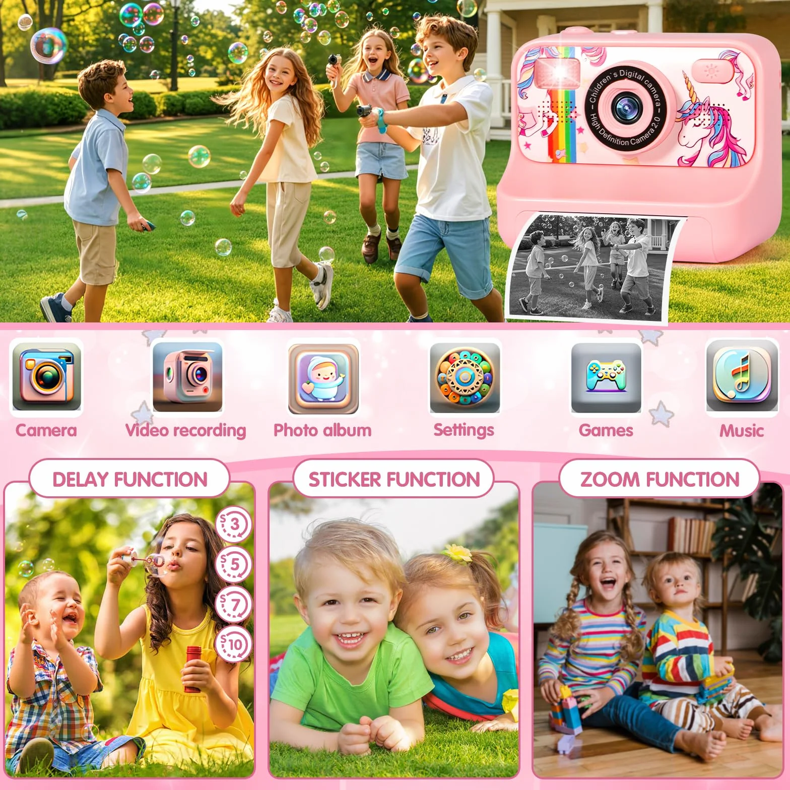 Appareil Photo Instantané Enfant 1080P Numérique avec Carte 32GB, 2.4 Pouces, Cadeau Filles Garçons 3-12 Ans