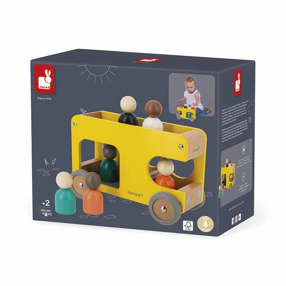 Janod Bus Scolaire en Bois Massif Bolid - 6 Personnages Inclus - Roues Silencieuses - Dès 2 Ans