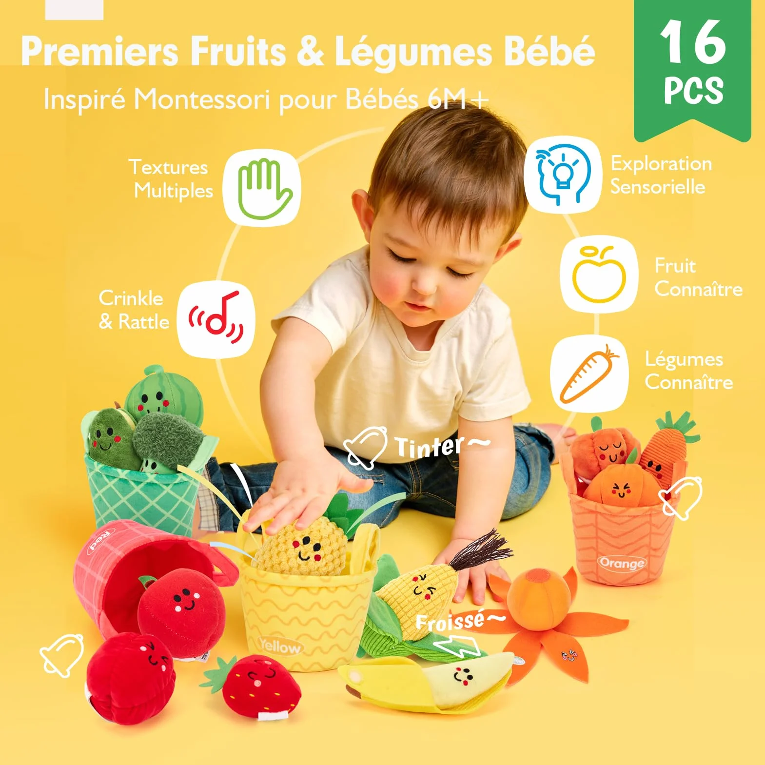 hahaland Jouet Bebe 6 Mois Eveil 6-12 Mois, 16 Pièces Fruits Legumes Peluche Panier, Sensoriel Montessori Cadeau 1 an Garçon Fille