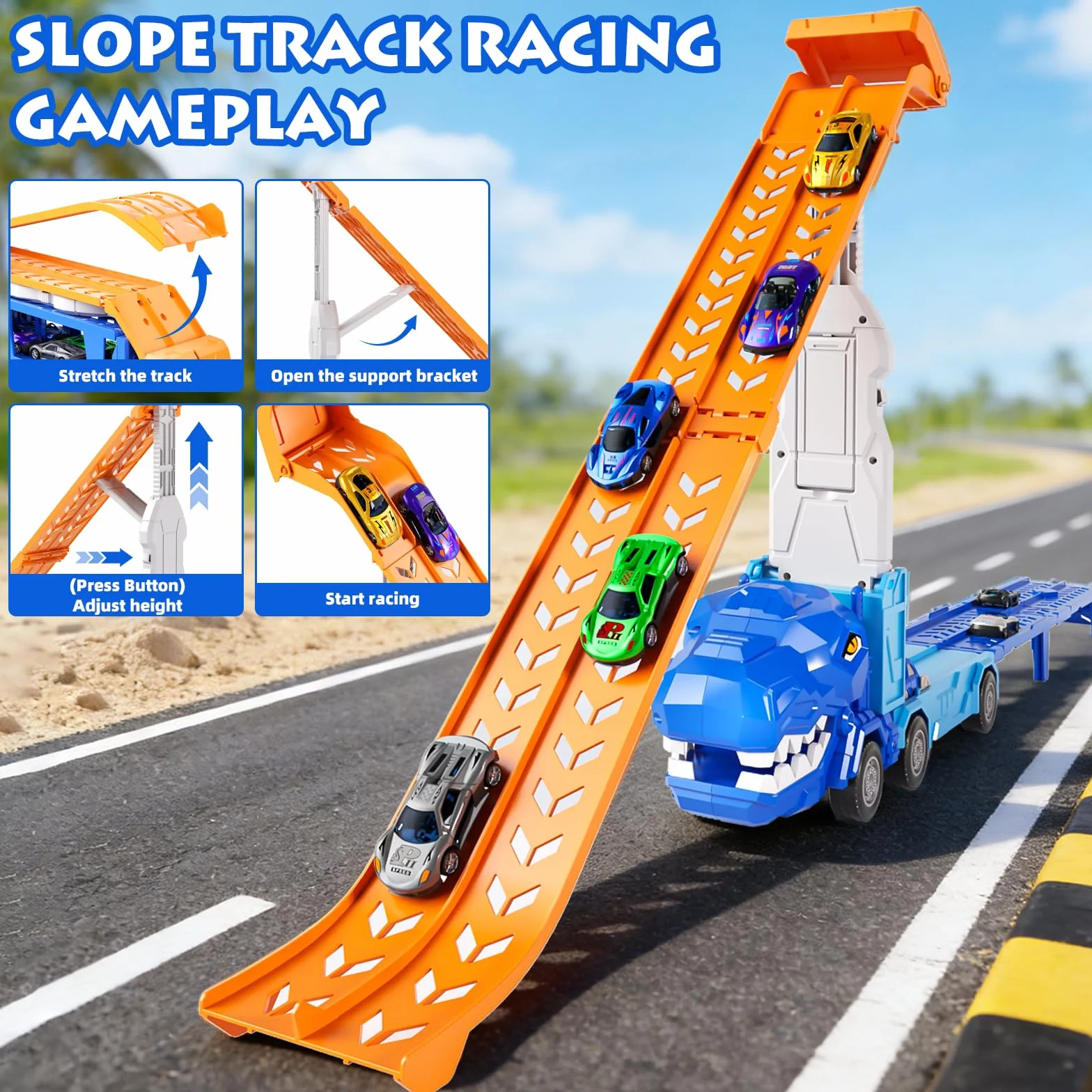 Jouet de camion dinosaure avec grue et 12 mini voitures course pour enfants 3-5 ans