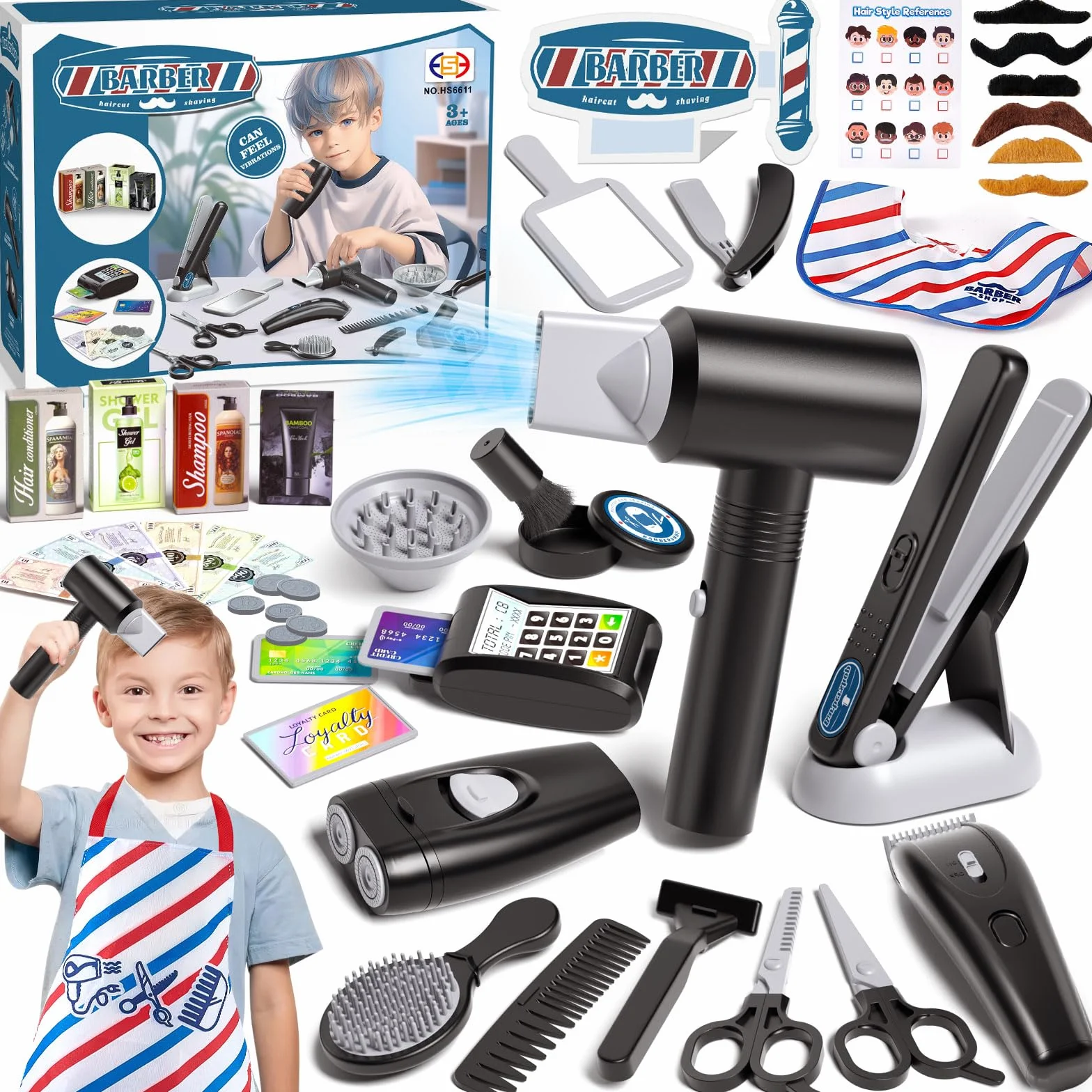 Tacobear Kit de Coiffure pour Enfants, Jouets de Salon avec Sèche Cheveux Rasoir Lisseur, Cadeau pour Garçons 3-8 Ans