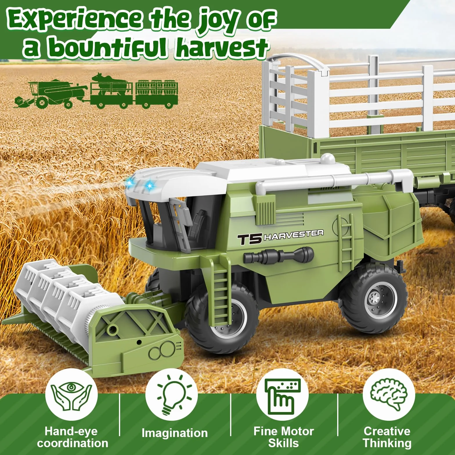 Joellfuner Moissonneuse Batteuse Télécommandée 2,4-GHz Tracteur de Ferme Electrique avec Remorque