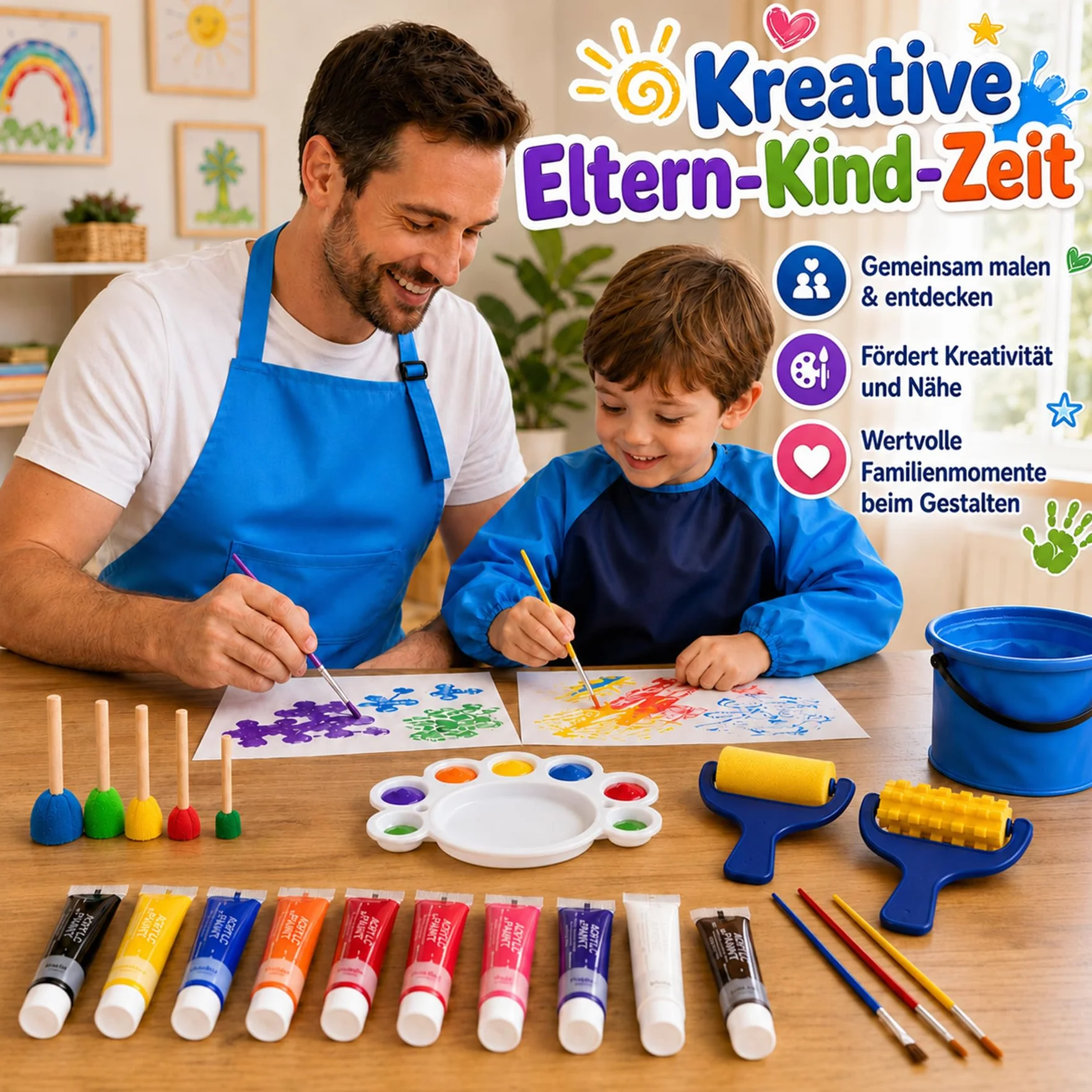 Kit Peinture aux Doigts Enfant 12 Couleurs 35 ml Lavable avec Pinceaux Éponges Palette Seau Pliable Tabliers Cadeau Garçon 6-8 Ans Bleu