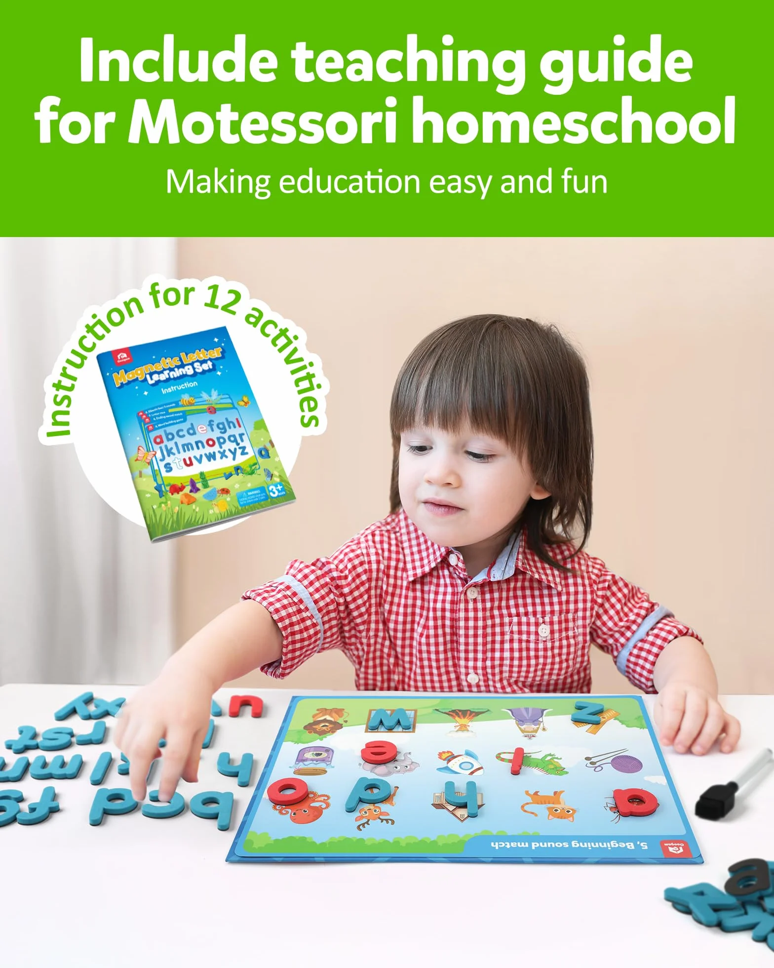 Coogam Preschool Alphabet Learning Playset Jeu de lettres magnétiques reconnaissance de l'abc éducatif avec 6 cartes d'activité jouet autisme manipulateur phonique 3 ans
