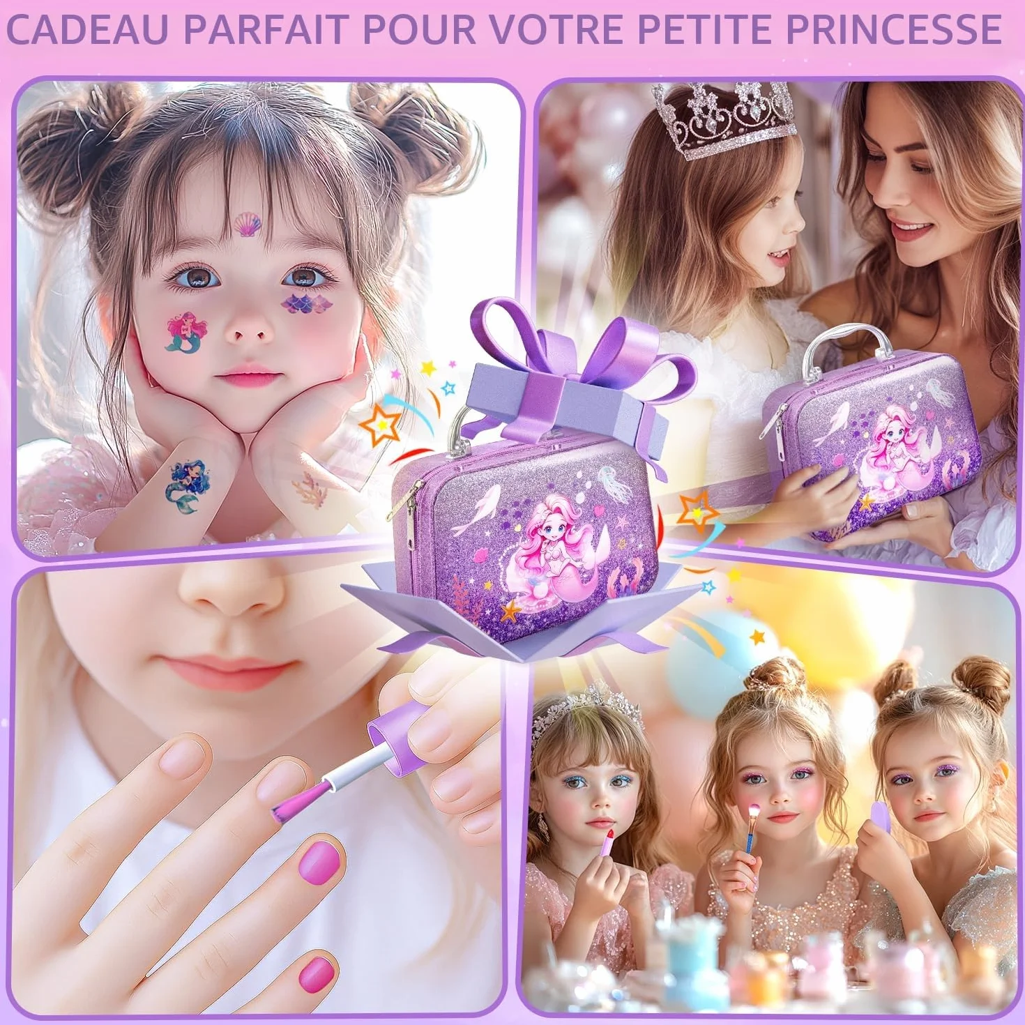 Kit Maquillage Enfant Fille avec Vernis à Ongles, Coffret Maquillage Princesse Jouet Non Toxique Lavable Cadeau Noël 3-10 Ans