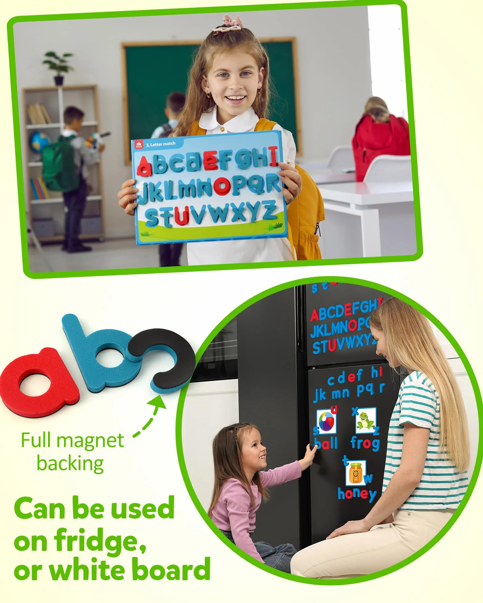 Coogam Preschool Alphabet Learning Playset Jeu de lettres magnétiques reconnaissance de l'abc éducatif avec 6 cartes d'activité jouet autisme manipulateur phonique 3 ans