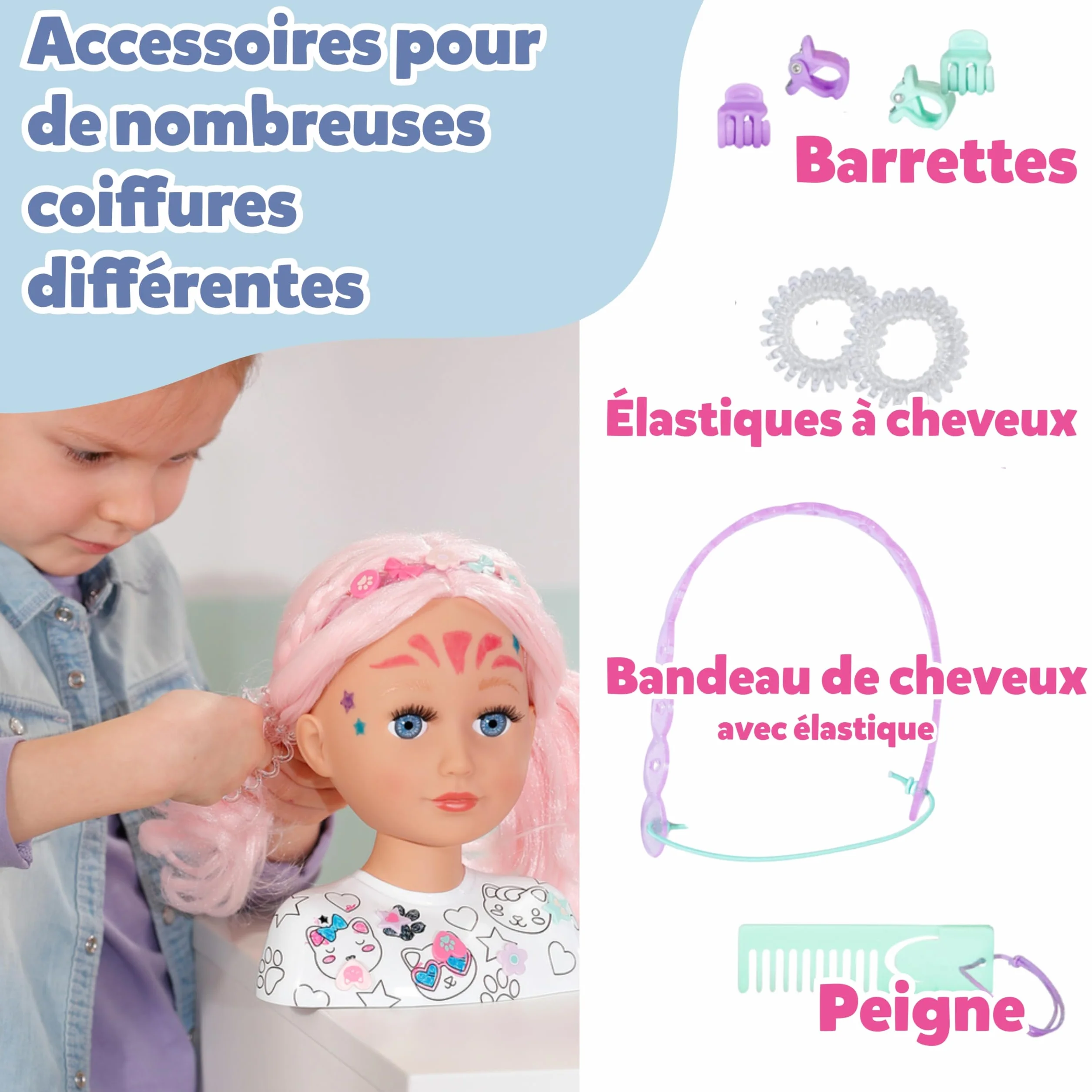 BABY born Tête de Coiffure Créative pour Enfants 3 Ans - Poupée Maquillage Cheveux Roses avec Marqueurs & Accessoires