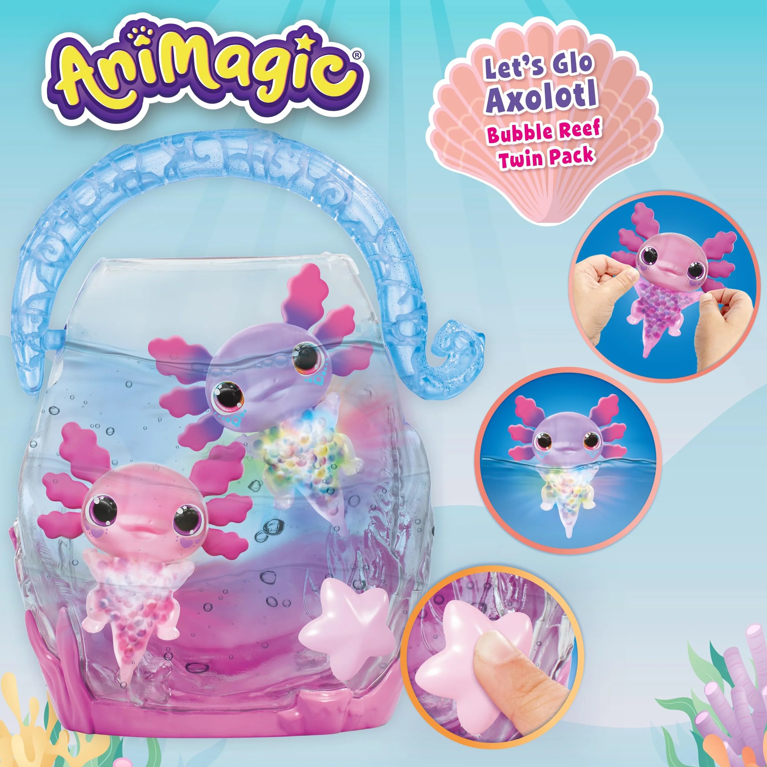 ANIMAGIC Let's Glo Axolotl Pack Bubble Reef Aquarium Interactif + 2 Axolotls Rose & Violet - Compagnons Électroniques & Lumineux - Flotte & Brille - Jeu Sensoriel Tactile pour Enfants dès 4 Ans