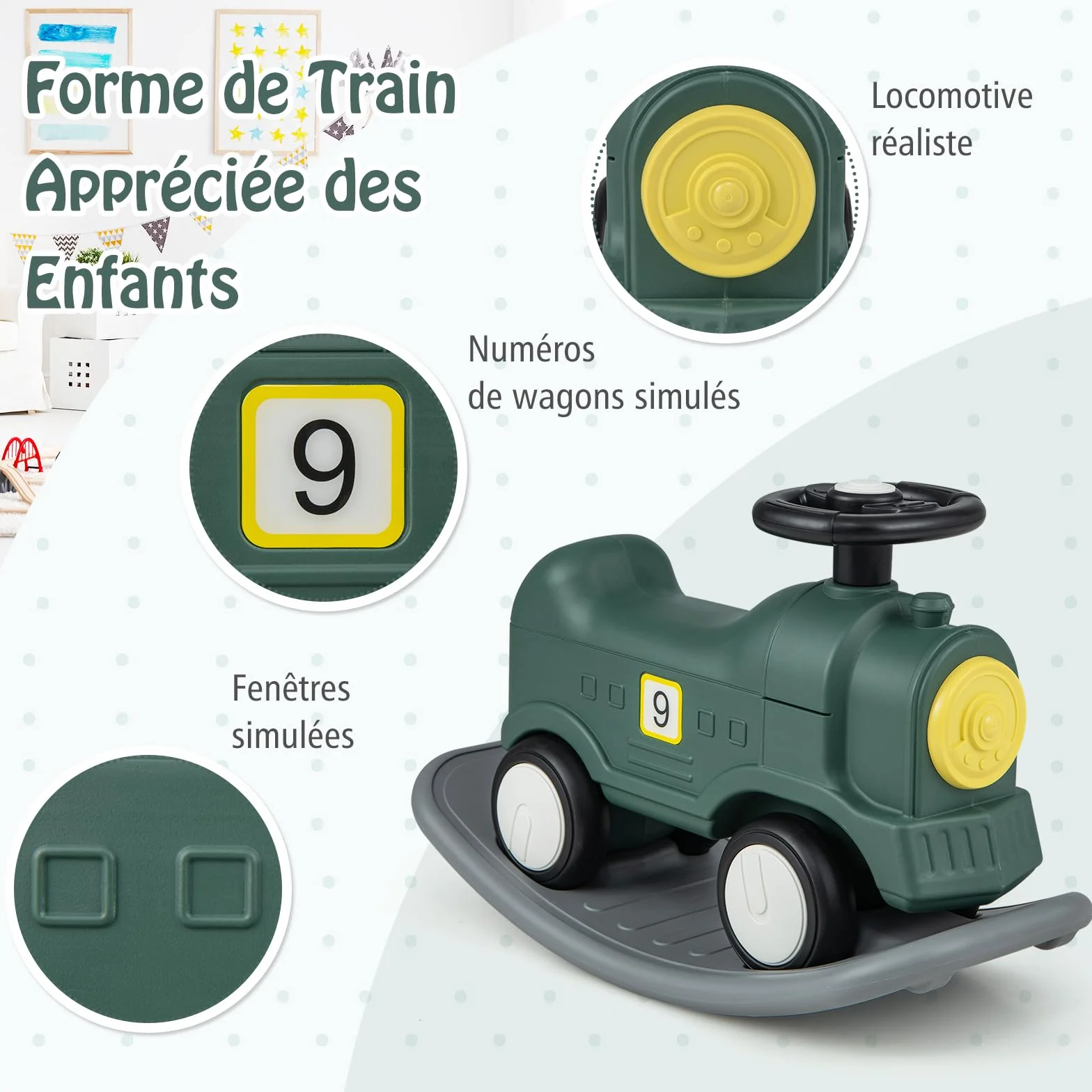 DREAMADE Cheval à Bascule 3 en 1 pour Enfant 1+ an, Charge Max. 50KG, Vert