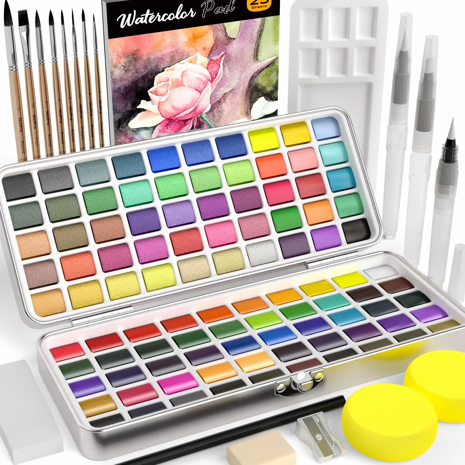 Nicpro Kit de Aquarelle Peinture avec Boîte, 100 Couleurs Macaron Métallique et Fluorescent, 8 Pinceaux, 25 Papiers, Palette