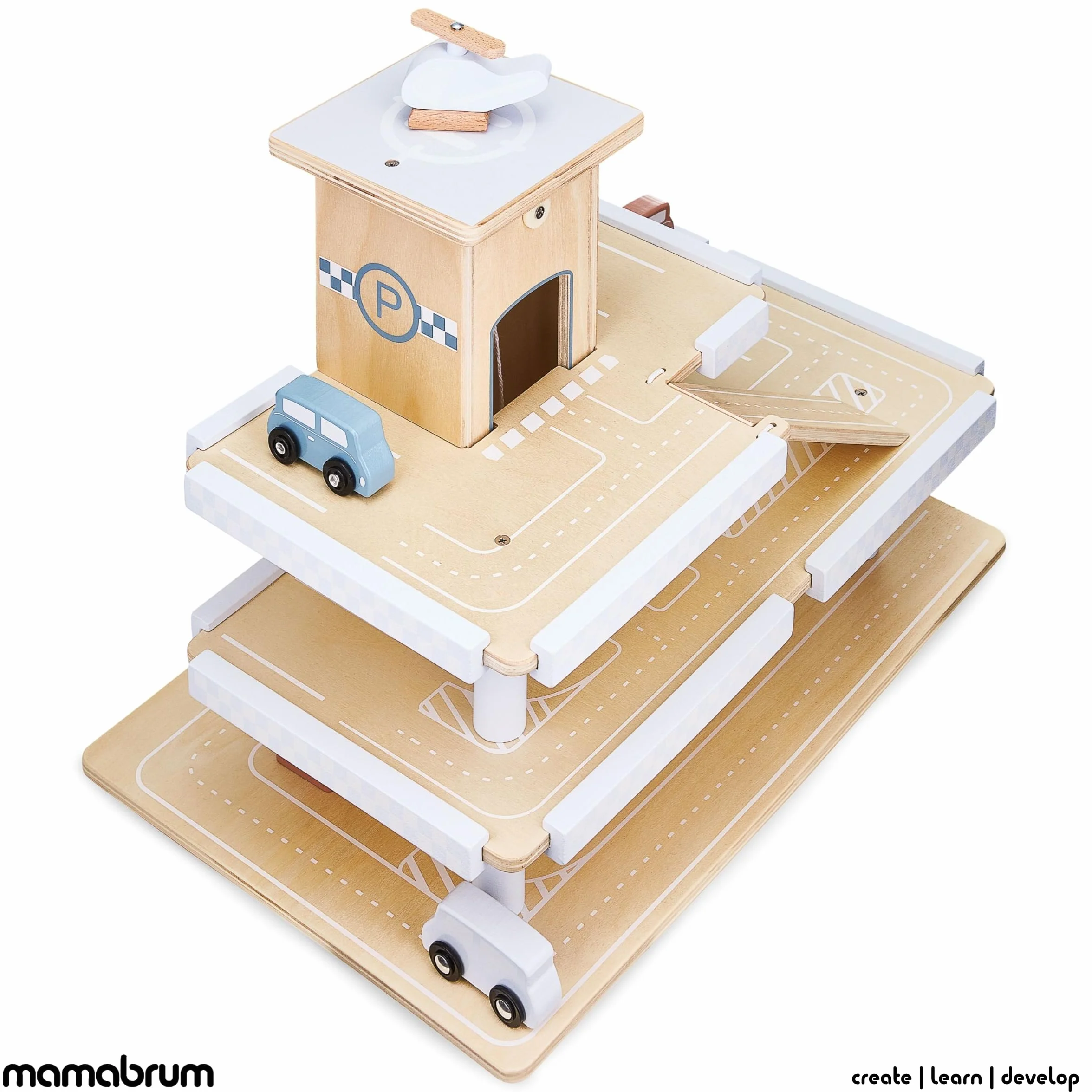 Garage Voitures en Bois 3 Niveaux avec Ascenseur et Piste d'Atterrissage Jouet Éducatif 45x30x37cm CE EN71