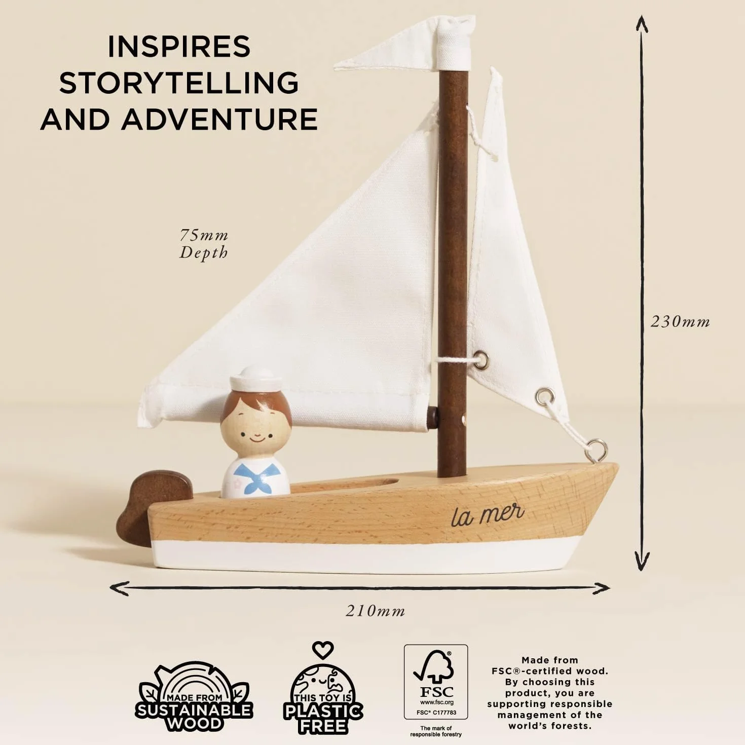 Le Toy Van Bateau à Voile Jouet Enfants 2 Ans Bois FSC écologique Voiles Coton