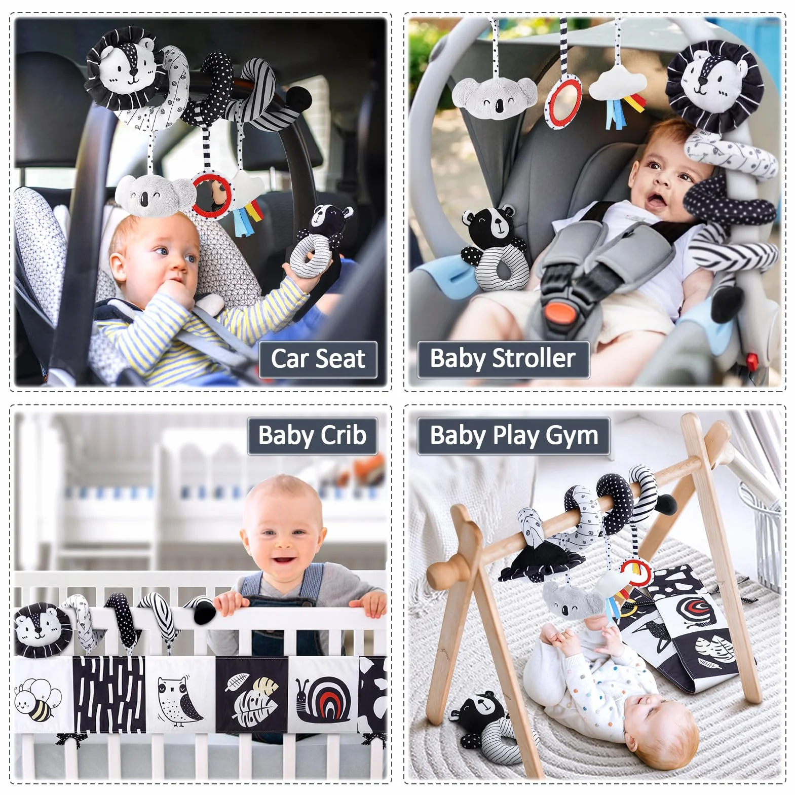Joyreal Spirale d'Activité Bébé - Jouet Sensoriel Montessori Noir et Blanc pour Poussette Fille Garçon Cadeau Naissance