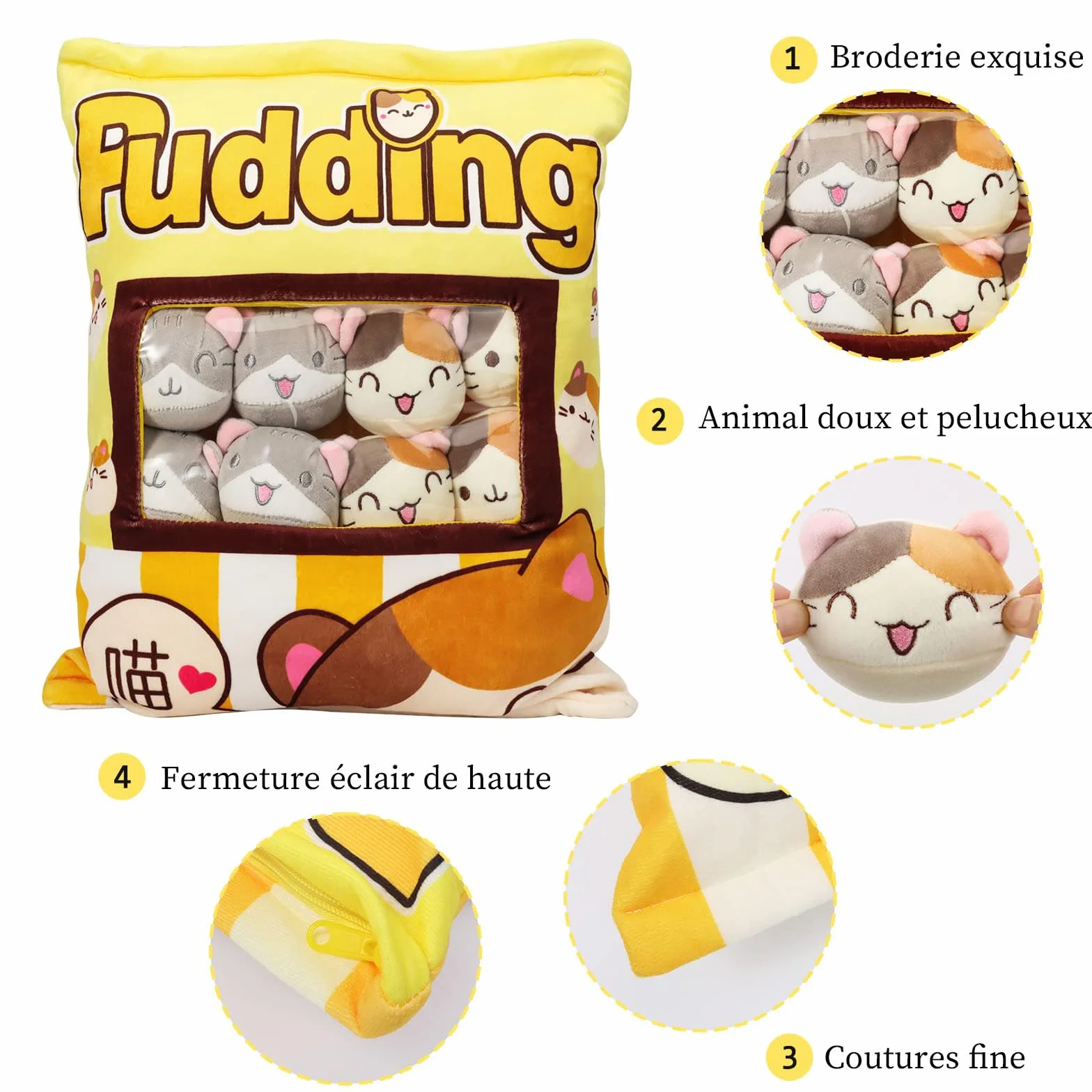 Coussin Oreiller Kawaii avec Poupée Amovible 8 Chatons Jaunes