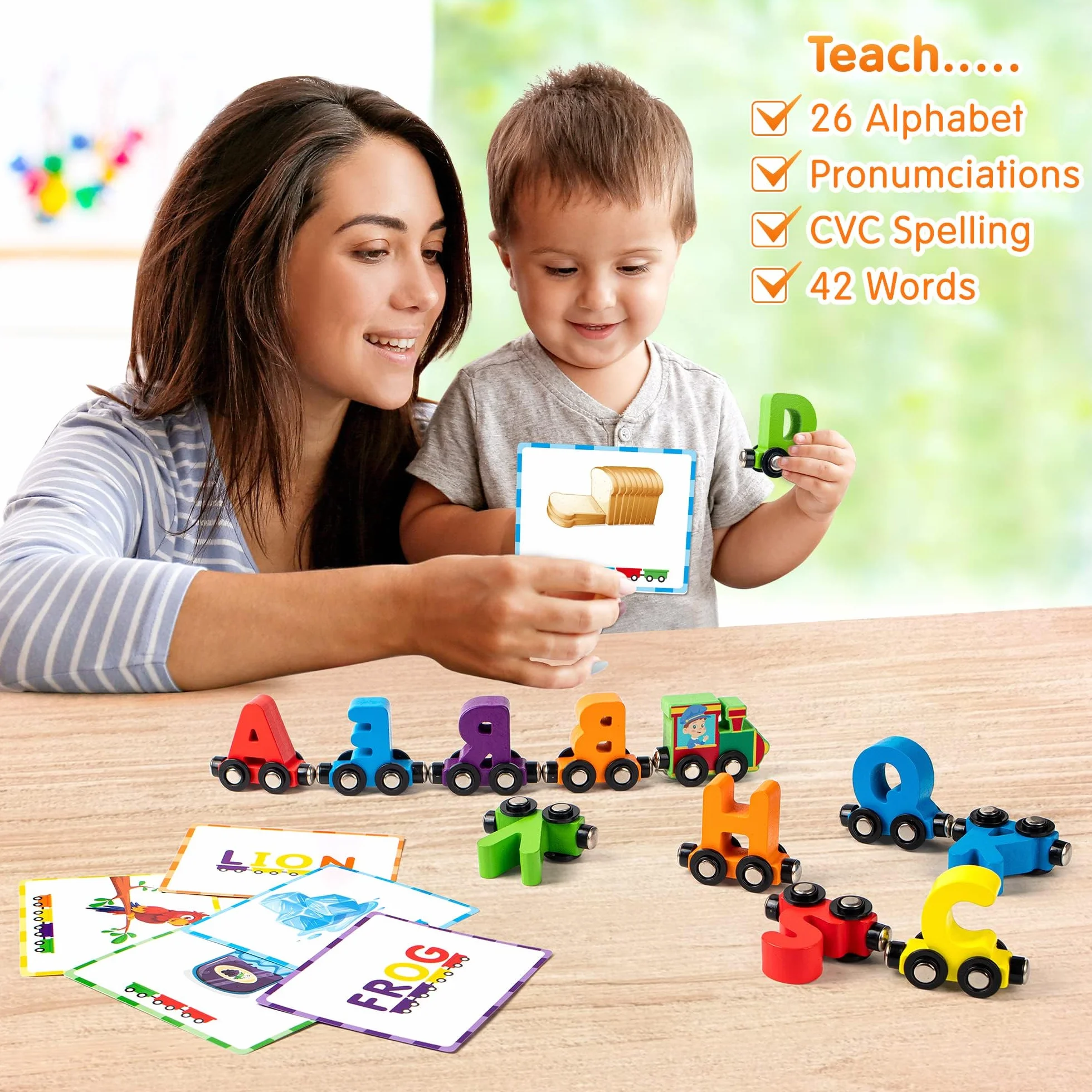 Vanmor 27pcs Magnétique en Bois Alphabet Train Set ABC Apprentissage Jouet avec 42 Cartes Mémoire Flash, Moteur, Sac de Rangement