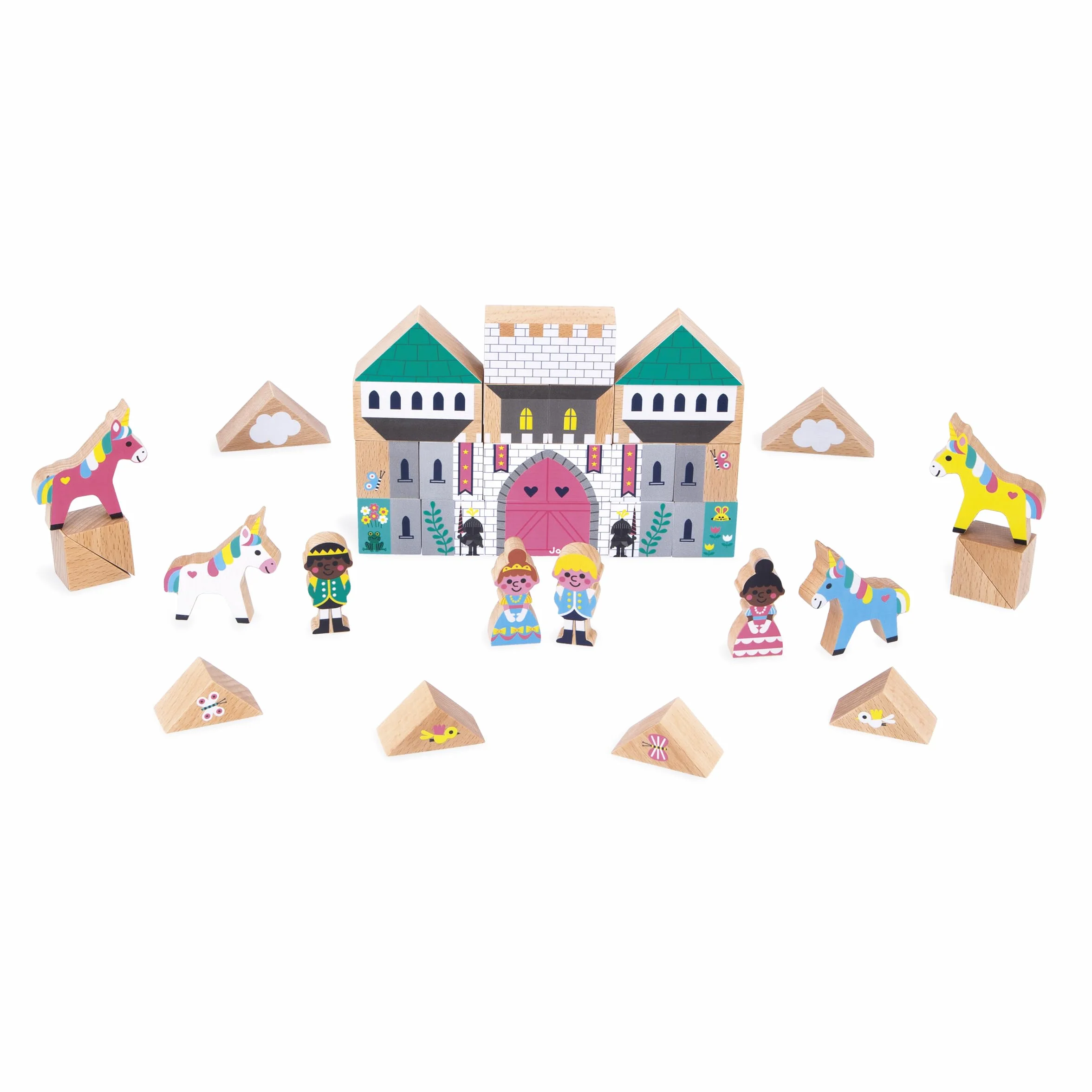 Janod Set de 35 Cubes en Bois Massif Thème Royaume Enchanté Jouet de Construction Dès 2 Ans