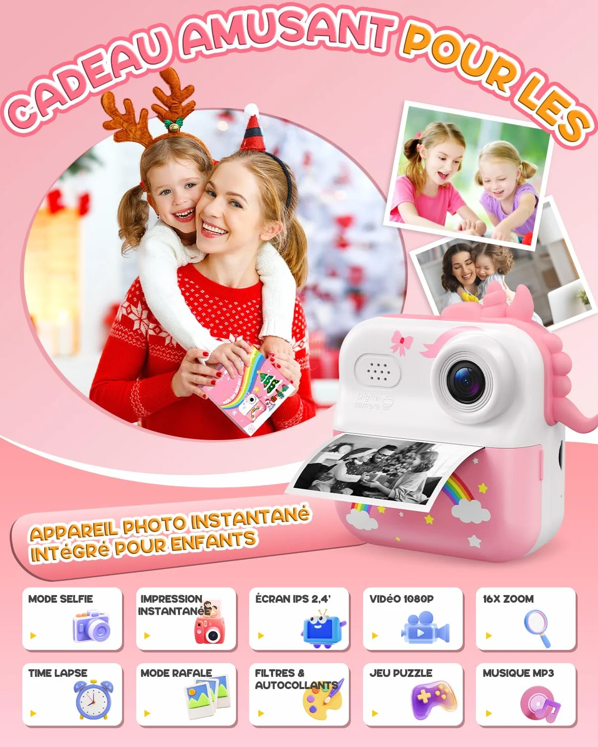 Appareil Photo Enfant 2,4" Instantané Rechargeable avec Papier d'impression 32GB Cadeau Filles Garçons 3-12 Ans