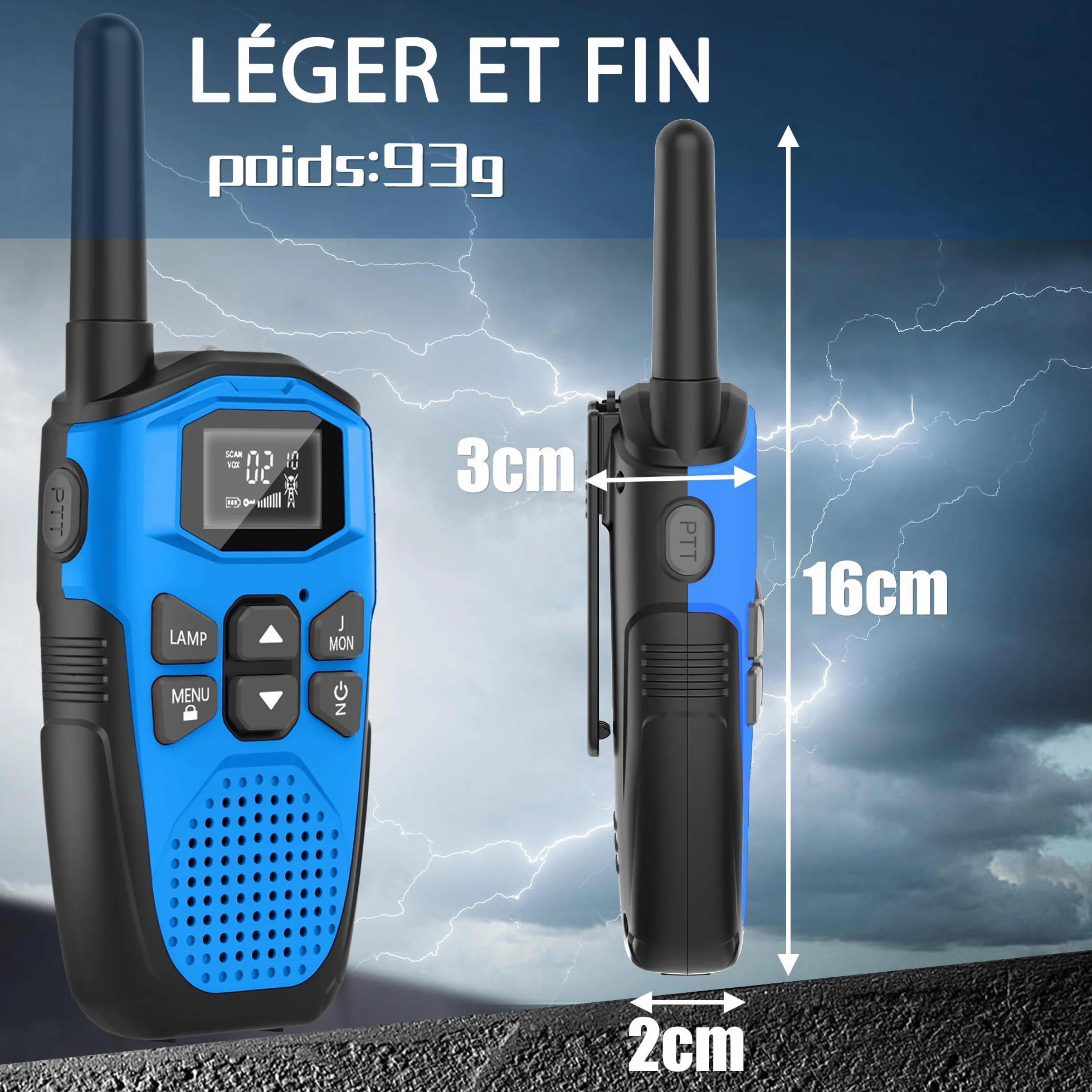 Talkie Walkie Rechargeable Li-ION 1200mAh 5KM USB Type-C VOX Mains Libres 16 Canaux