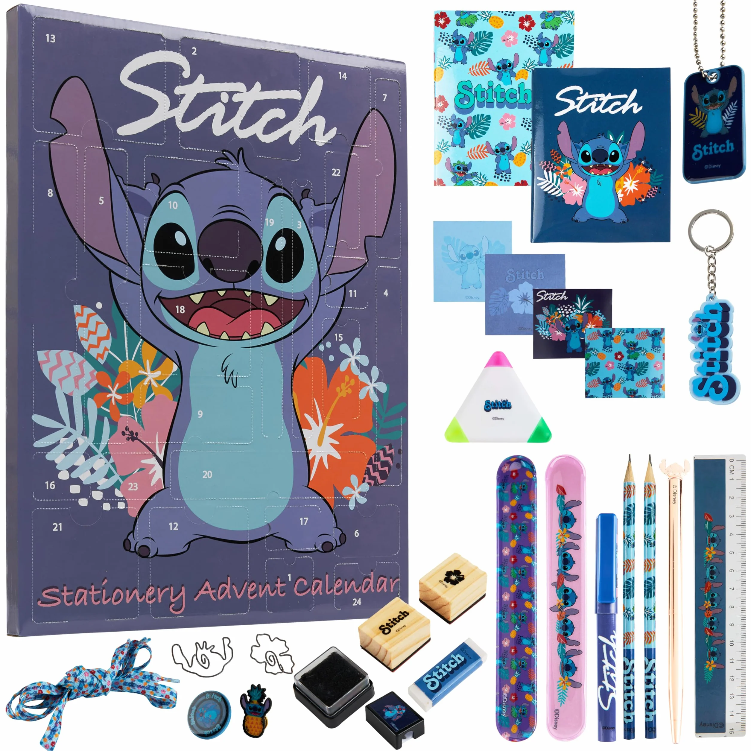 Disney Stitch Calendrier de l'Avent 2025 24 Surprises Papeterie Original Accessoires Kawaii Collier Porte-clés Stylo Bleu