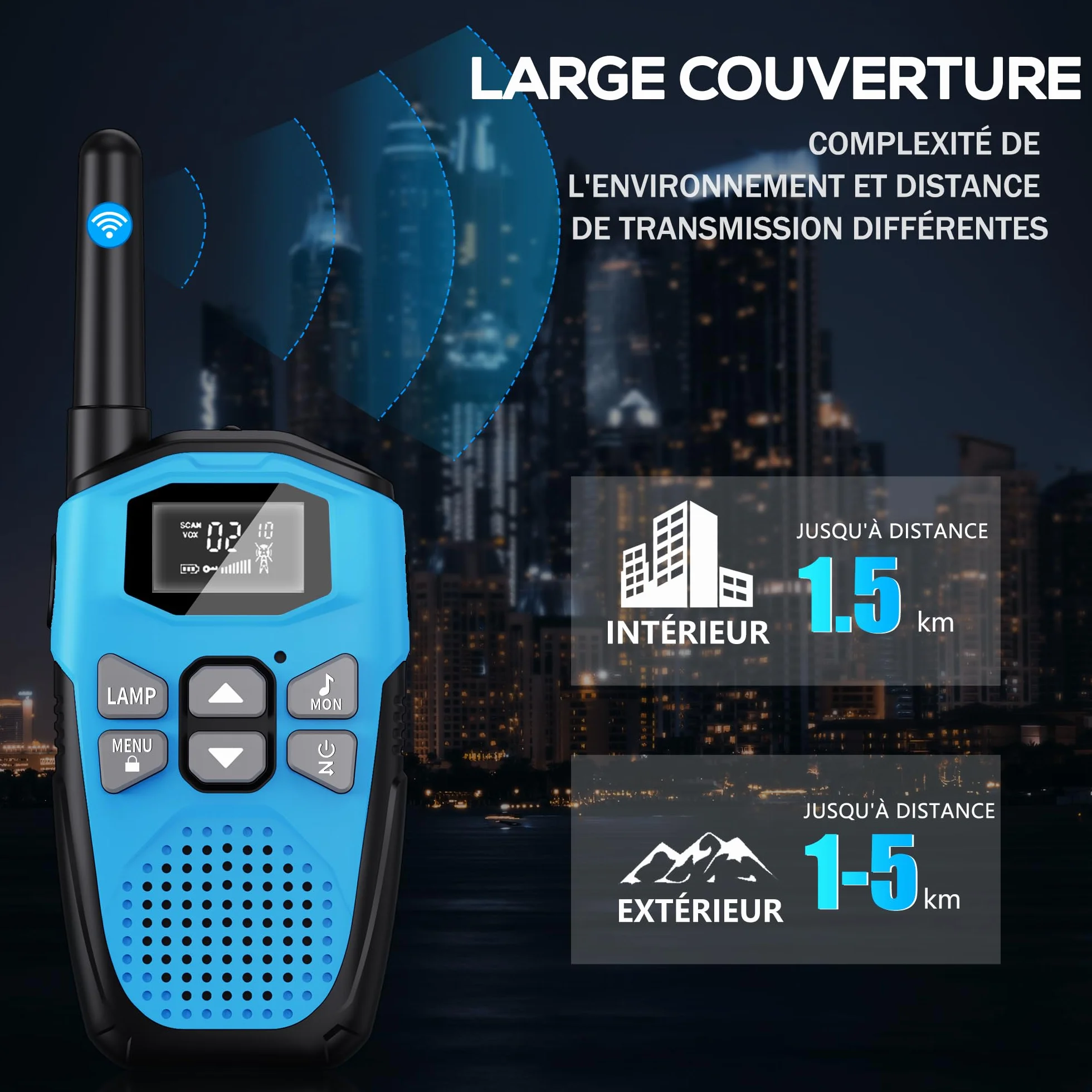 Talkie Walkie Rechargeable Li-ION 1200mAh 5KM USB Type-C VOX Mains Libres 16 Canaux