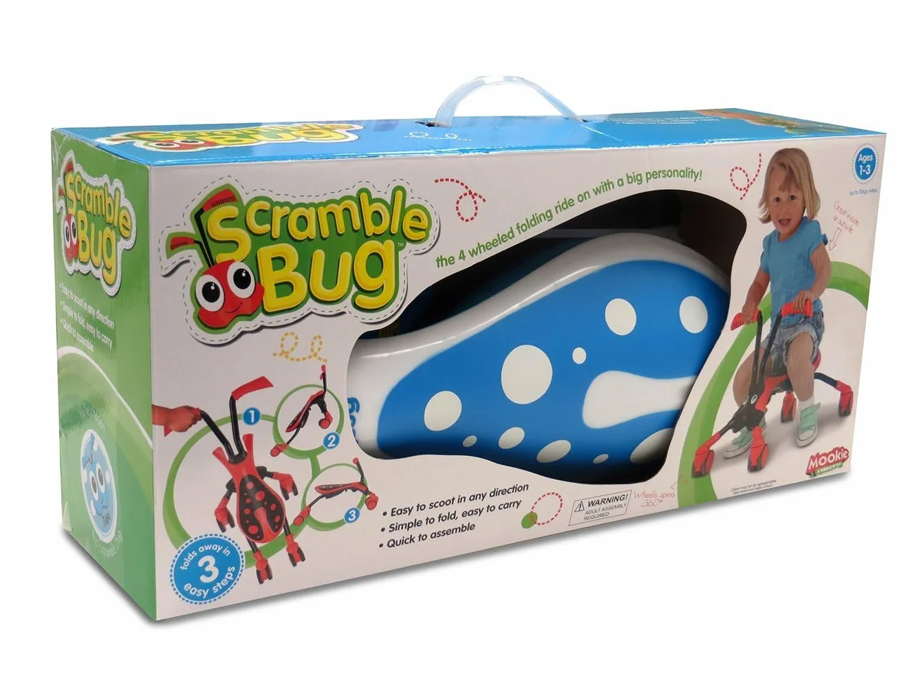 TP Toys Trotteur ScrambleBug Tide 4 Roues Pliable 360° Roues Silencieuses Anti-rayures Intérieur Extérieur 12 Mois Bleu Blanc