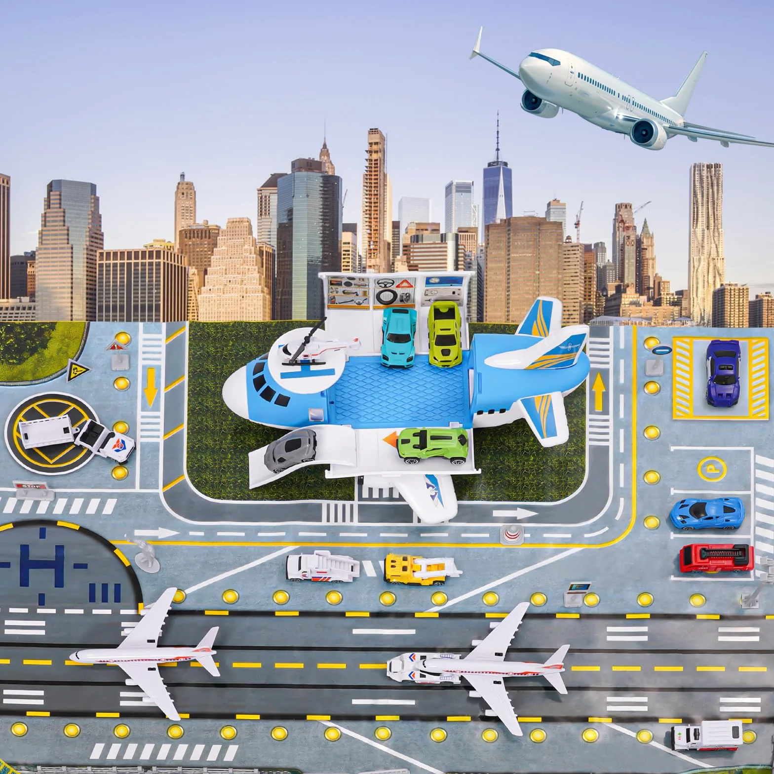 Transport Avion Jouet Voiture Jouet 15 Moyens Transport Panneaux Signalisation Tapis Jeu Hélicoptère Parking Cadeau Enfants 3+