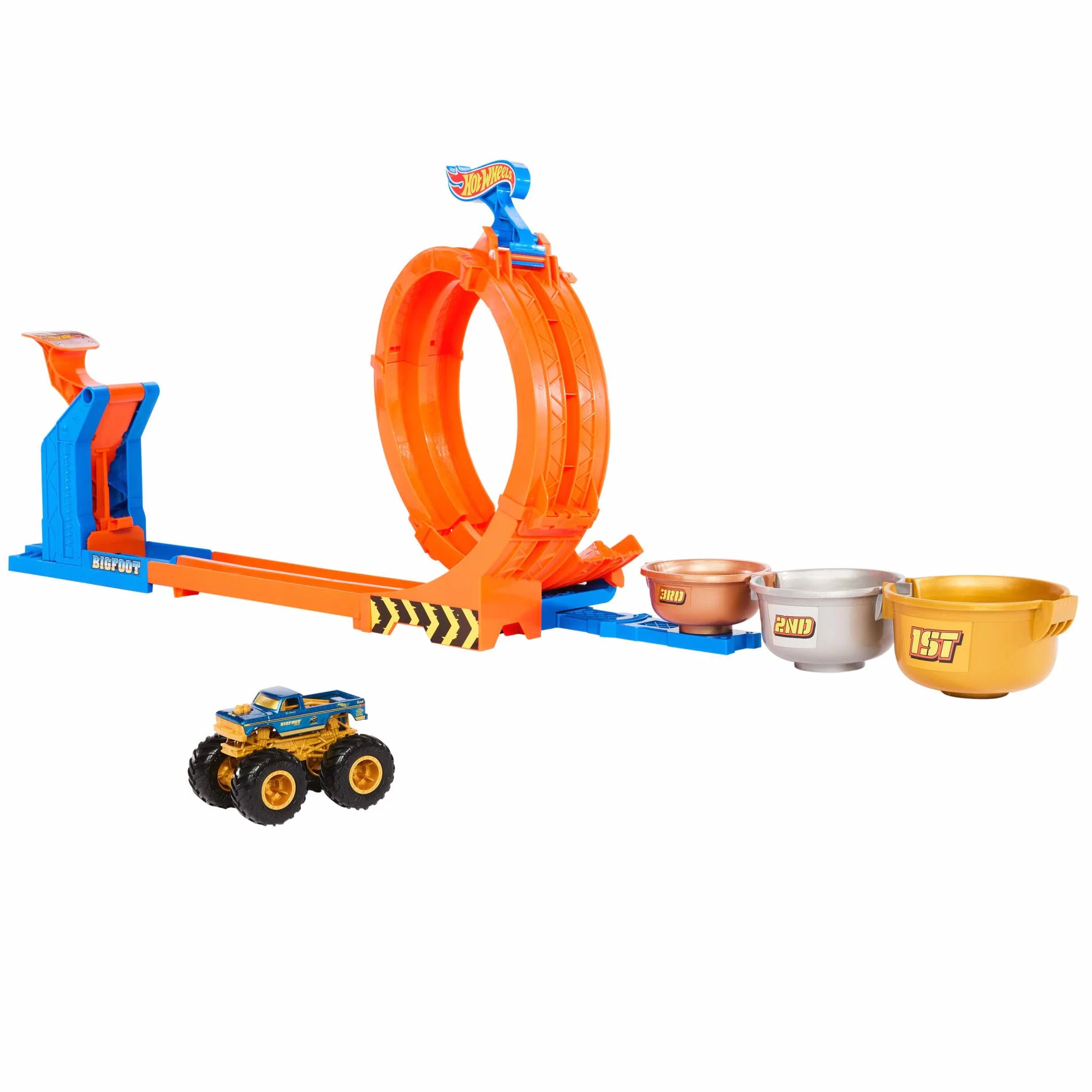 Hot Wheels Monster Trucks Défi du Trophée Tournez-et-Renversez Coffret Bigfoot 50ème anniversaire métal échelle 1/64, 2 façons de jouer, JBX64