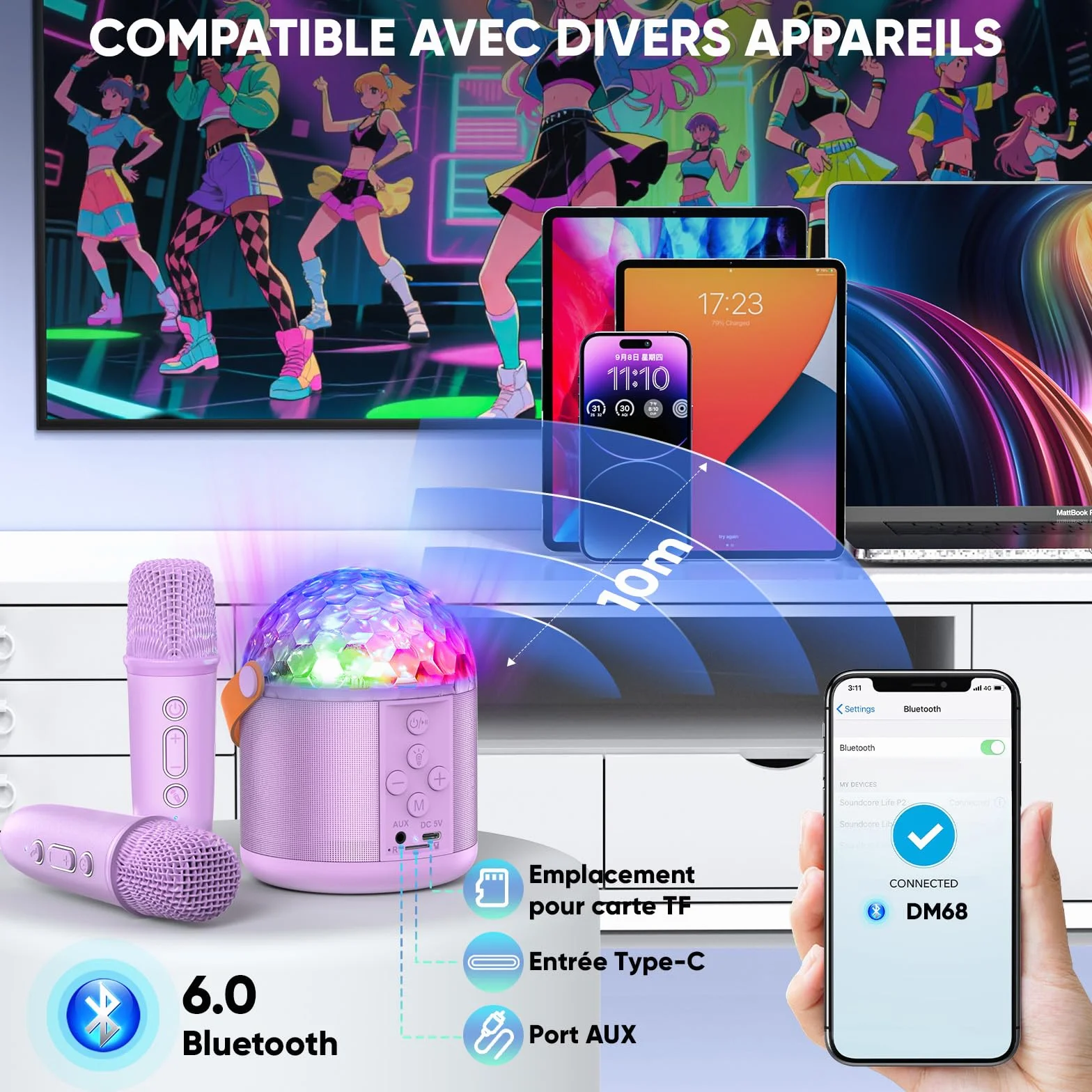 Micro Karaoke Bluetooth Enfant avec LED Disco, Enceinte Portable pour Chanter Anniversaire Famille