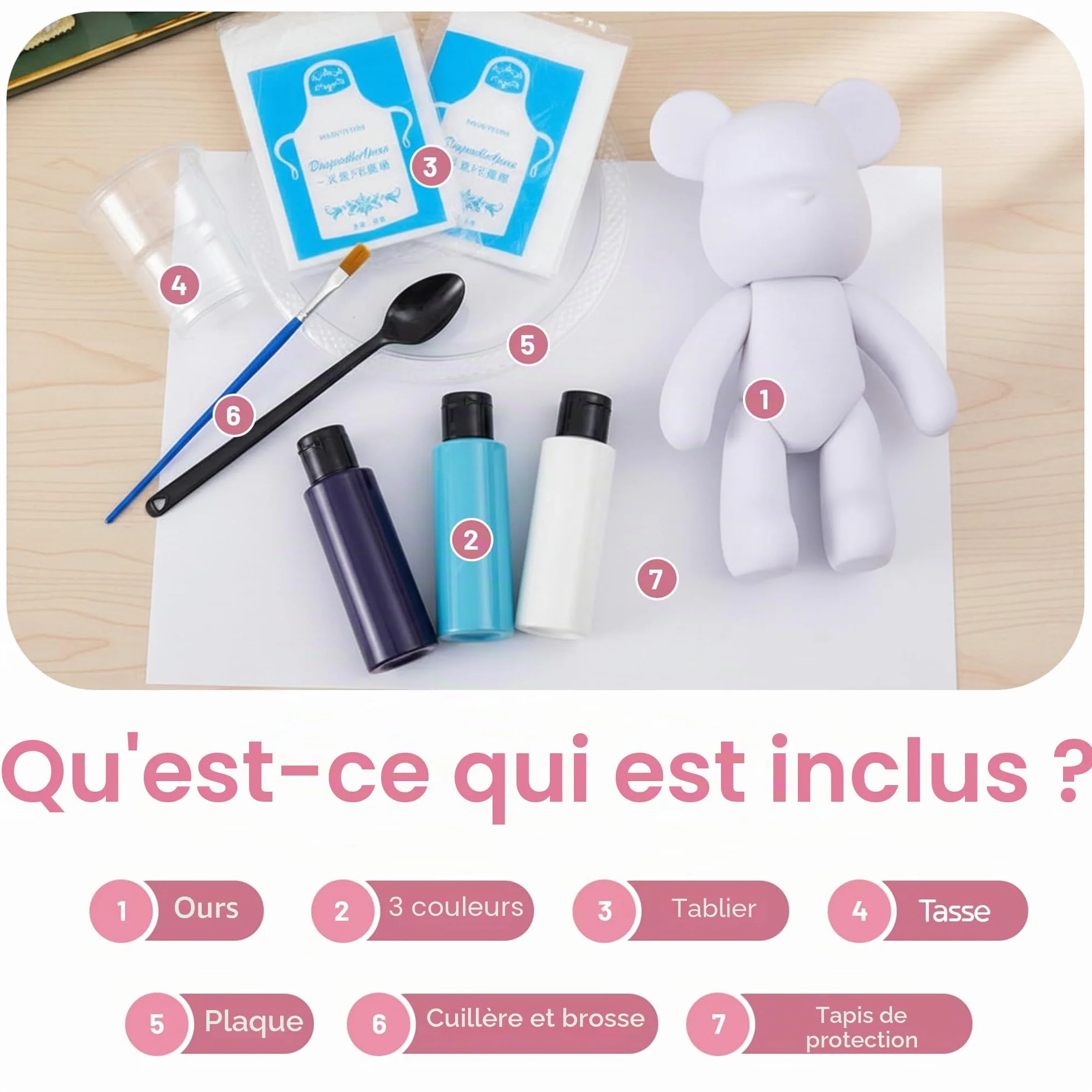 Kit DIY pour peindre un ours – Ensemble de peinture créatif pour adultes et enfants | Figurine d’ours avec 3 couleurs, pinceaux et accessoires | Cadeau décoration maison (Bleu)