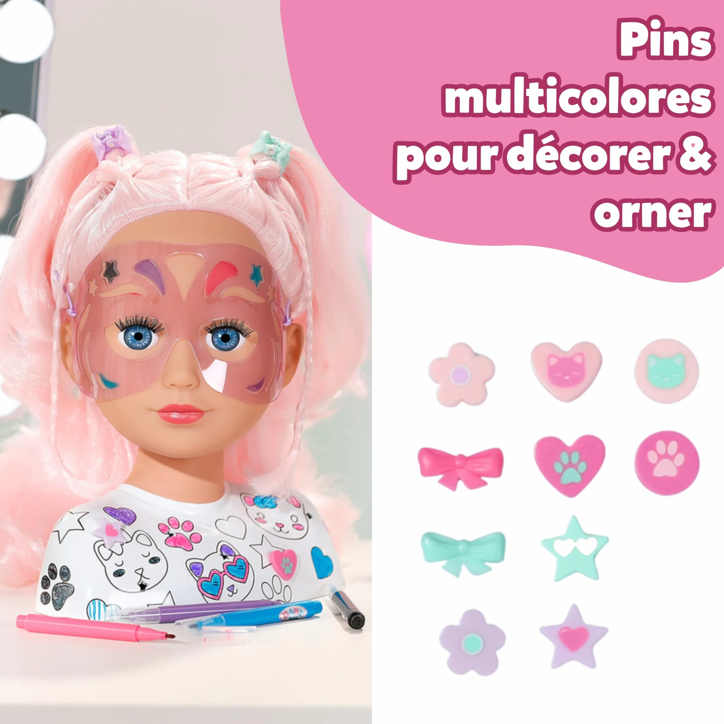 BABY born Tête de Coiffure Créative pour Enfants 3 Ans - Poupée Maquillage Cheveux Roses avec Marqueurs & Accessoires