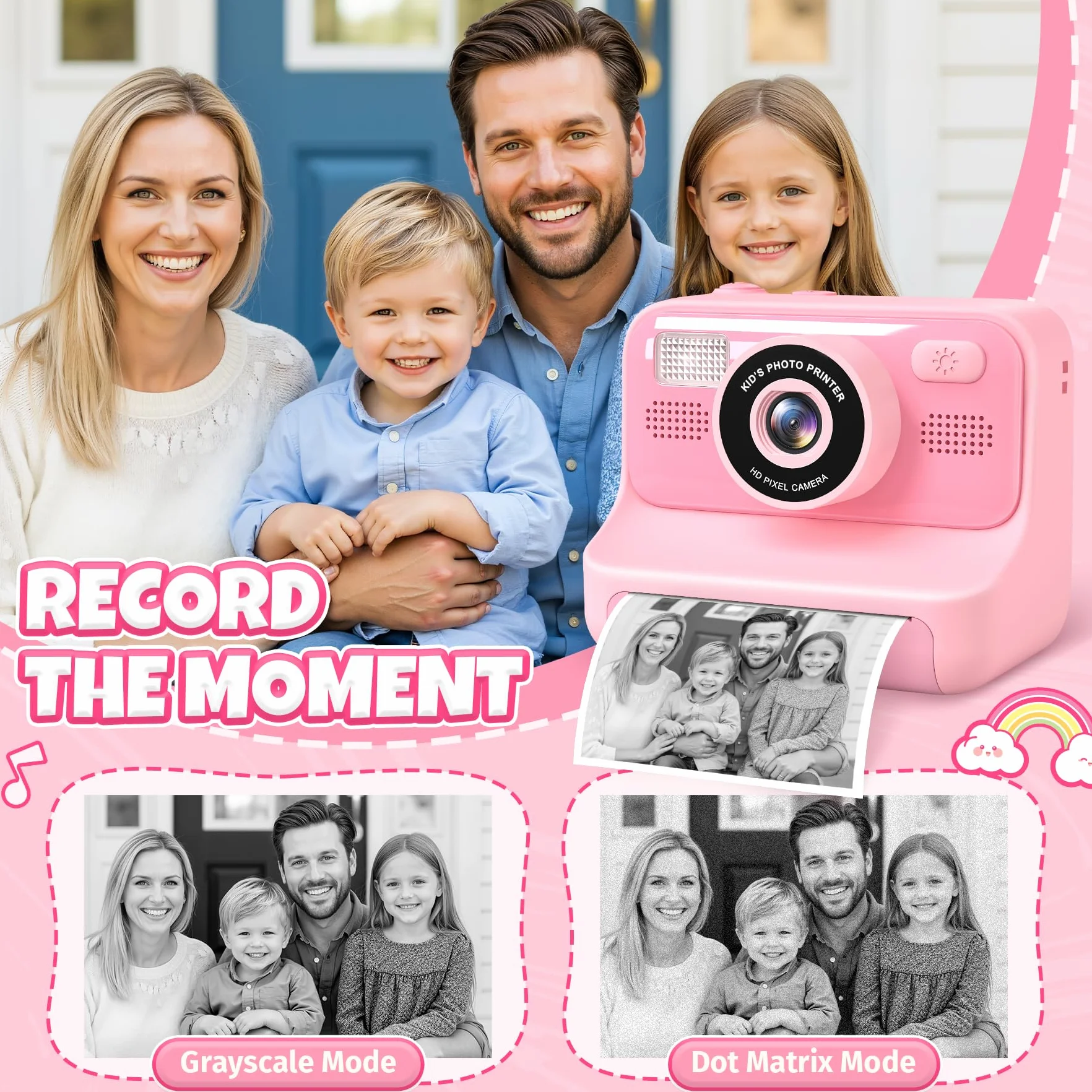 Appareil Photo Instantané Enfants 2.4" Écran Selfie avec Carte 32GB et 3 Rouleaux Papier, Jouet Cadeau Noël Fille Garçon 3-12 Ans Rose