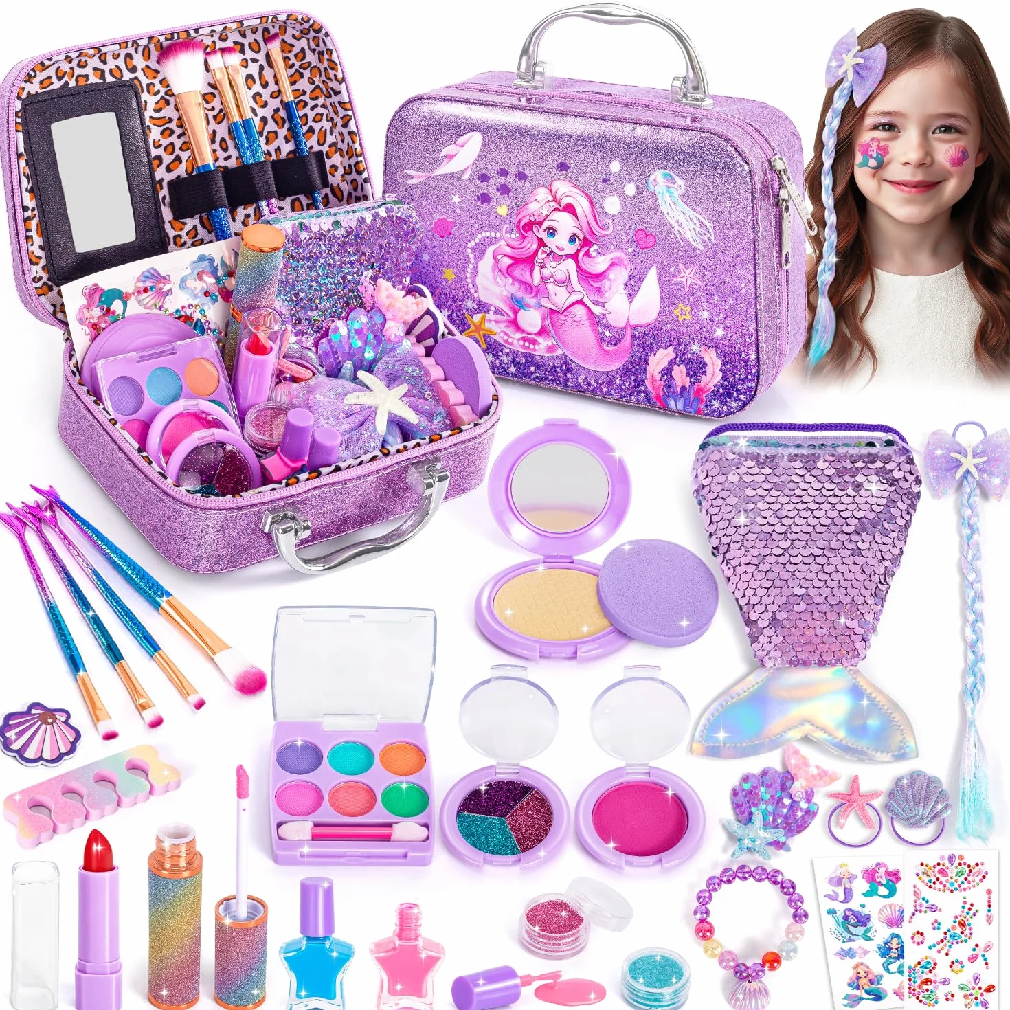 Kit Maquillage Enfant Fille avec Vernis à Ongles, Coffret Maquillage Princesse Jouet Non Toxique Lavable Cadeau Noël 3-10 Ans