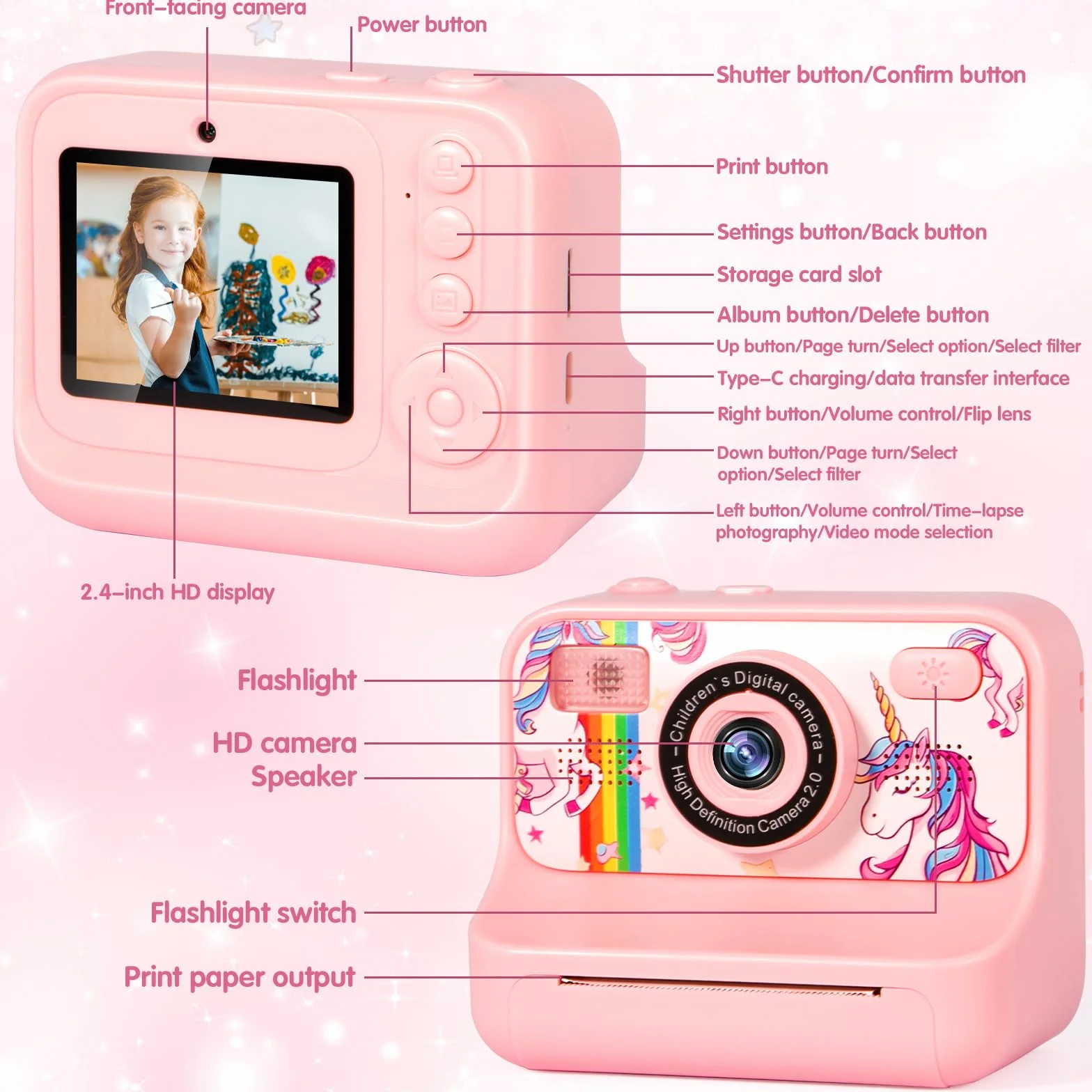 Appareil Photo Instantané Enfant 1080P Numérique avec Carte 32GB, 2.4 Pouces, Cadeau Filles Garçons 3-12 Ans