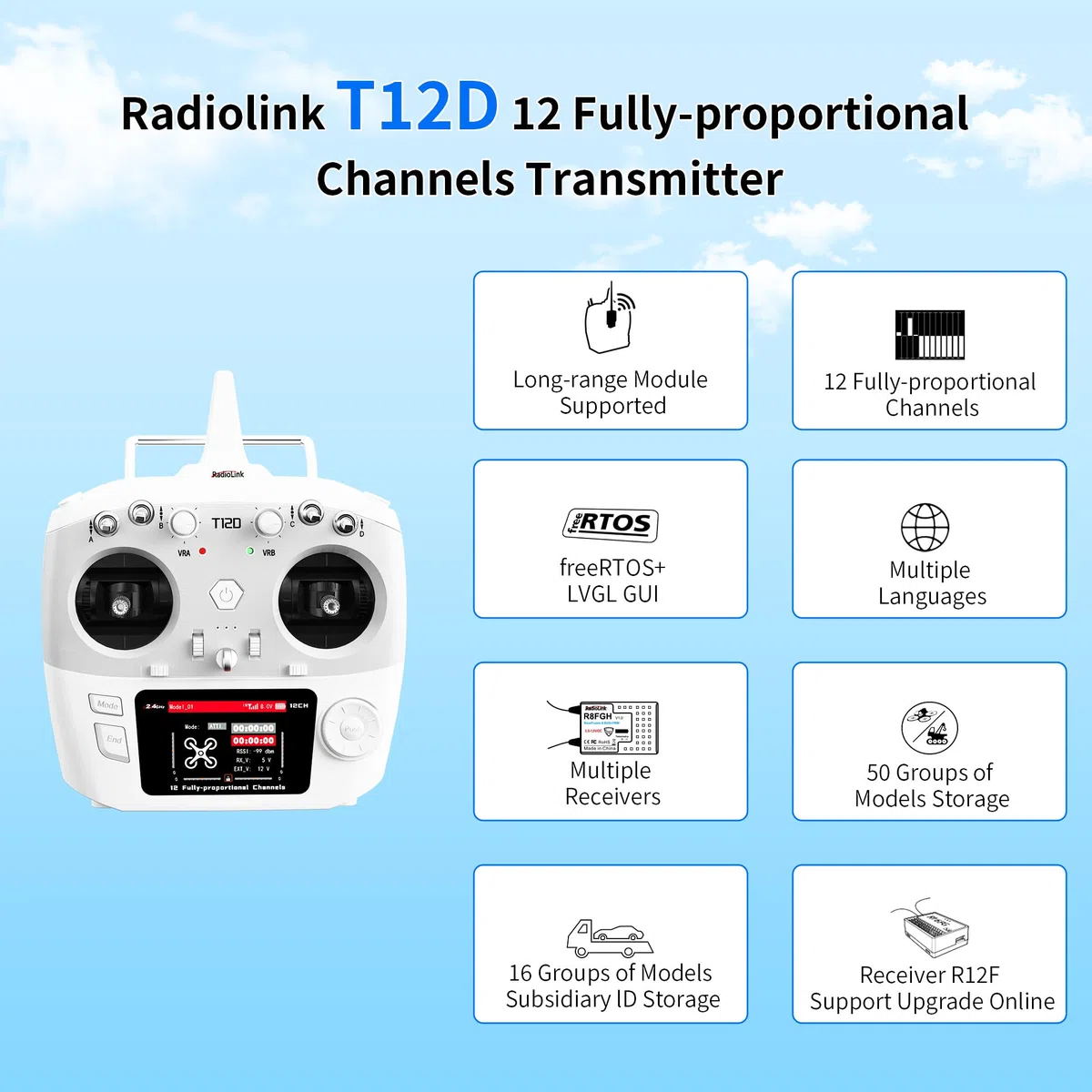 Radiolink T12D 12CH 2.4G Émetteur RC Récepteur R12F, prend en charge les modules ELRS/Crossfire longue portée, 50 modèles de stockage, télécommande RC longue portée de 4 km pour avion télécommandé,
