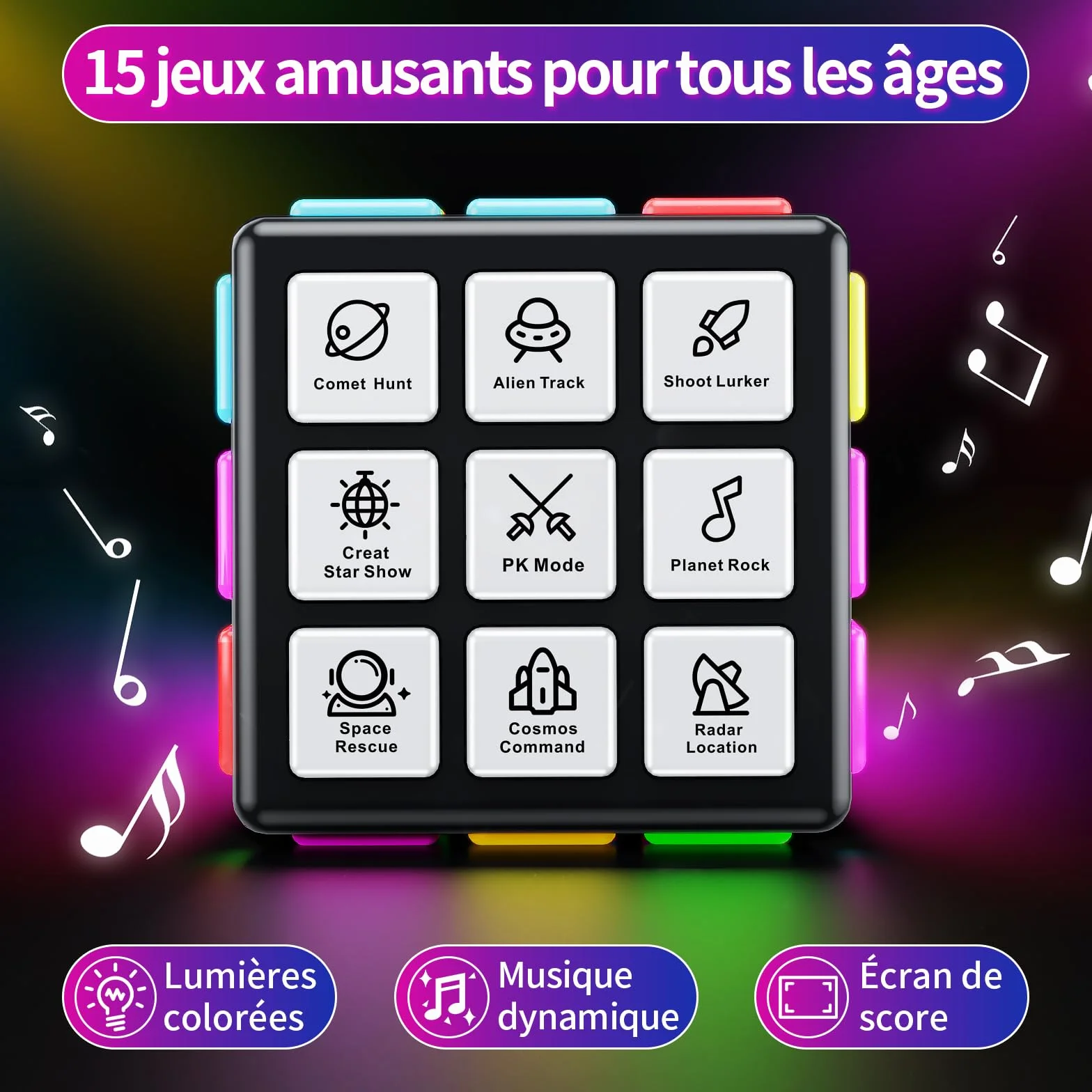 Xinbeiya Cube de Jeu Rechargeable 15-en-1 Jeux de Cerveau Mémoire Rapidité Enfants 6-12 Ans Version Française Noir