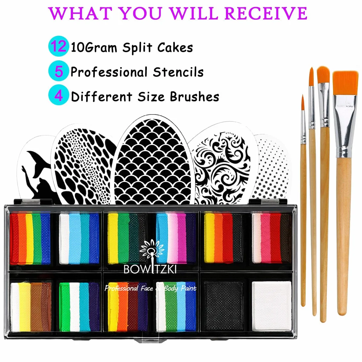 Bowitzki Kit de peinture faciale professionnelle 12 x 10 g One Stroke Split Cake non toxique