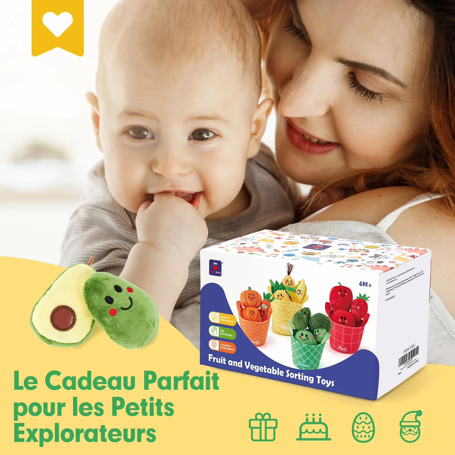 hahaland Jouet Bebe 6 Mois Eveil 6-12 Mois, 16 Pièces Fruits Legumes Peluche Panier, Sensoriel Montessori Cadeau 1 an Garçon Fille