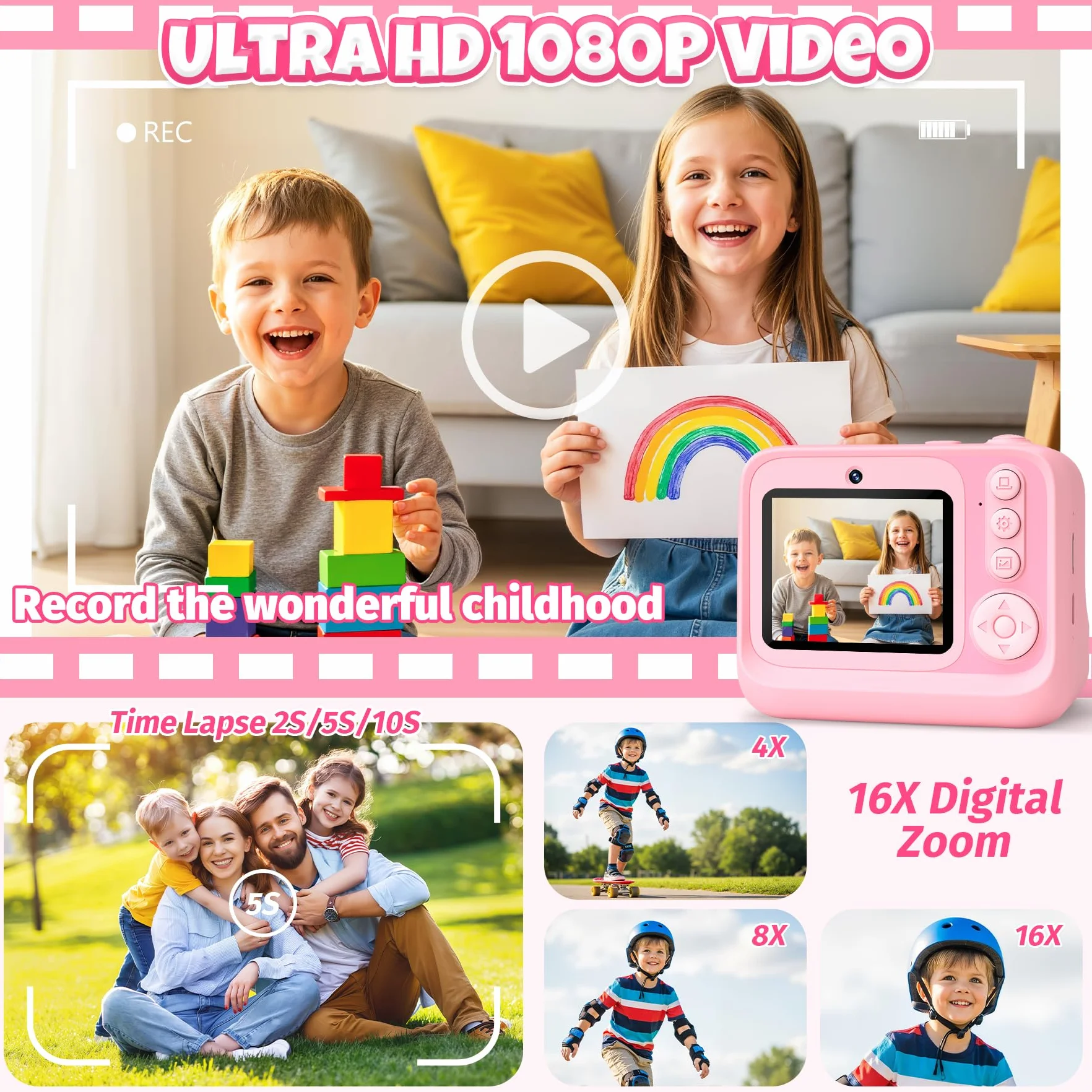 Appareil Photo Instantané Enfants 2.4" Écran Selfie avec Carte 32GB et 3 Rouleaux Papier, Jouet Cadeau Noël Fille Garçon 3-12 Ans Rose