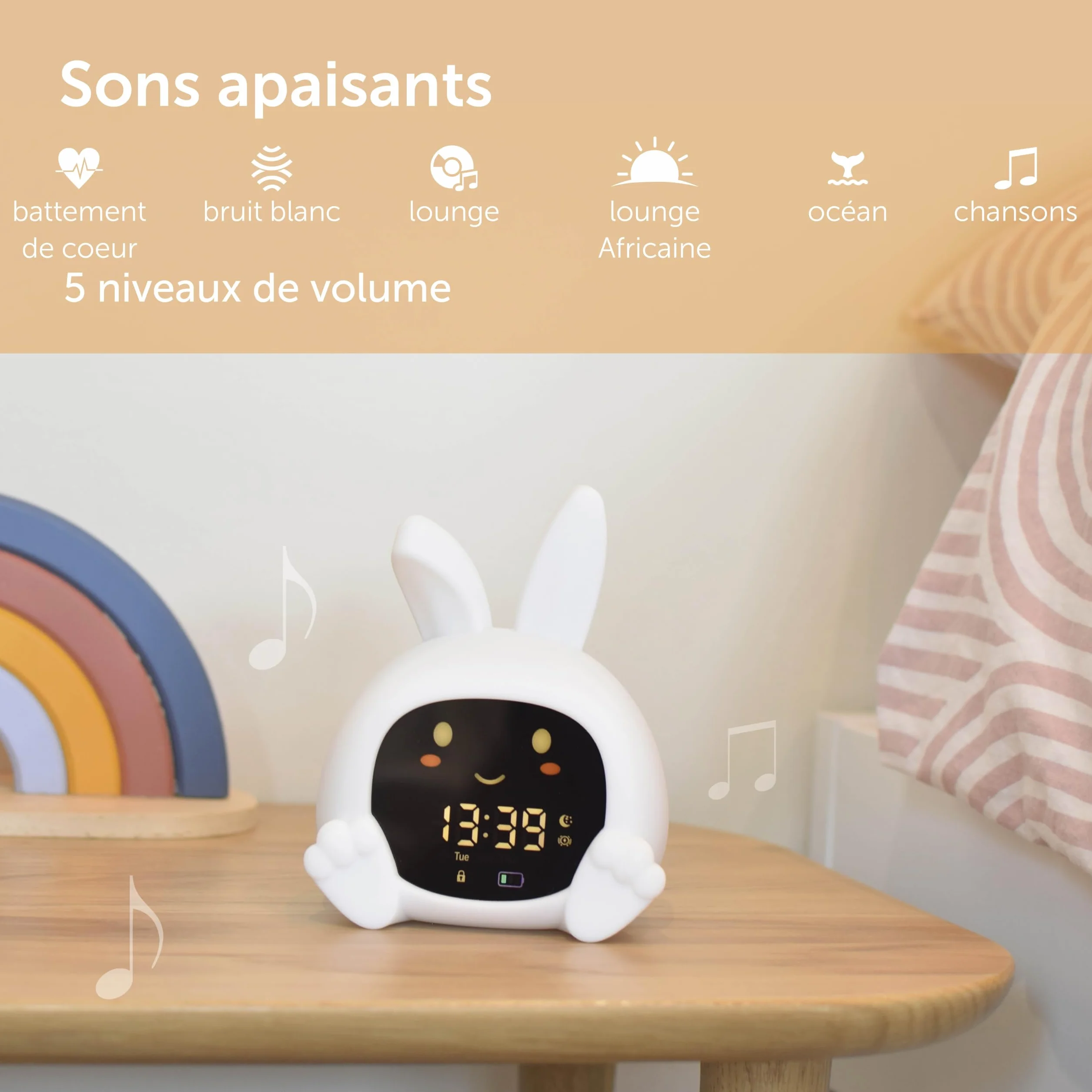 ZAZU Sarah Réveil Éducatif Enfant Rechargeable Veilleuse LED 5 Couleurs Machine à Sons Horloge Jour/Nuit USB