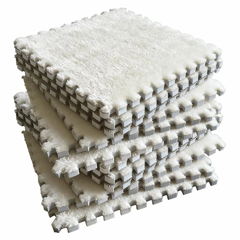 Tapis d'escalade en peluche blanche 30x30 cm 12 pièces emboîtables mousse puzzle sol salon chambre