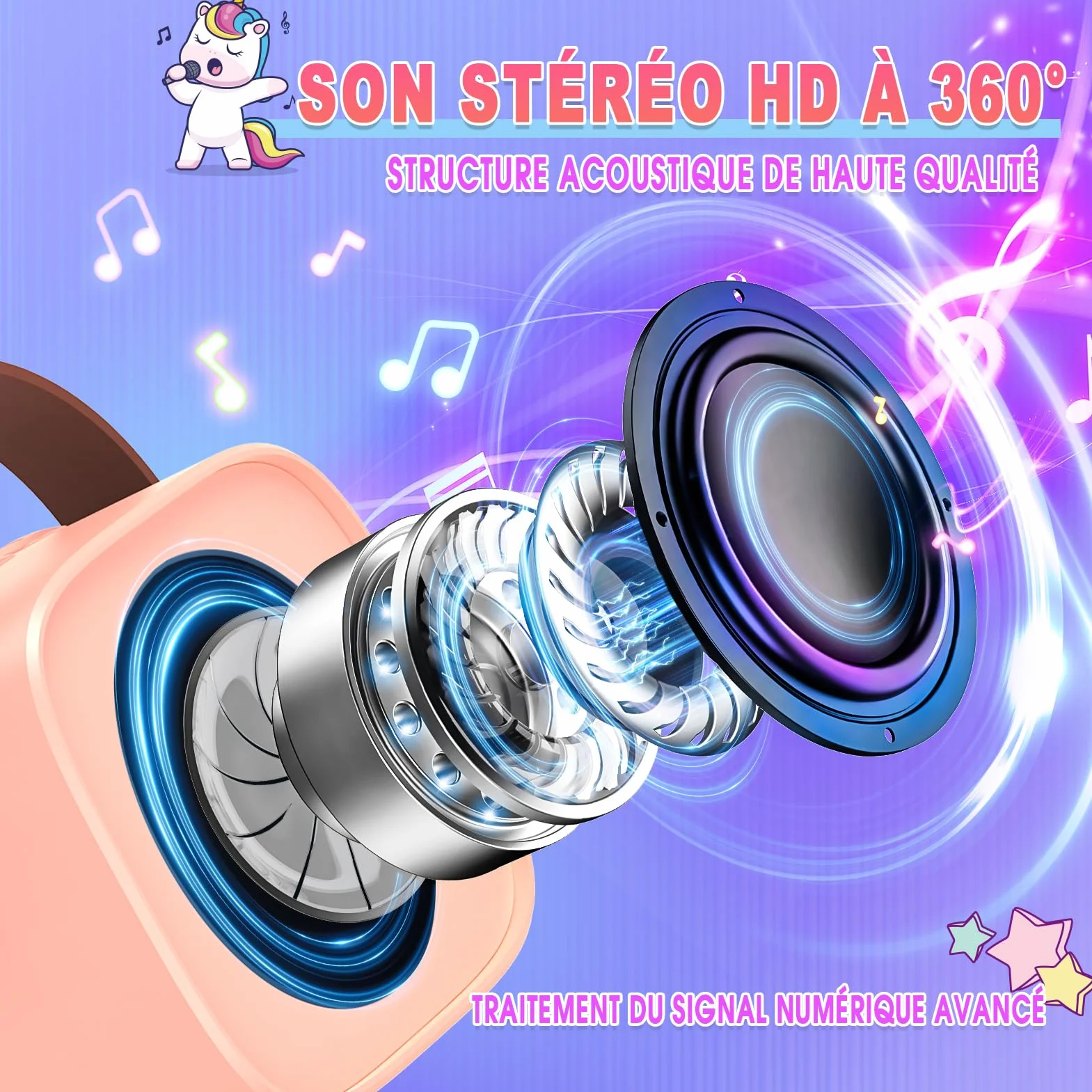 Micro Karaoke Enfant avec 2 Micros sans Fil Bluetooth, Cadeau Fille 3-12 Ans, Jouet Licorne