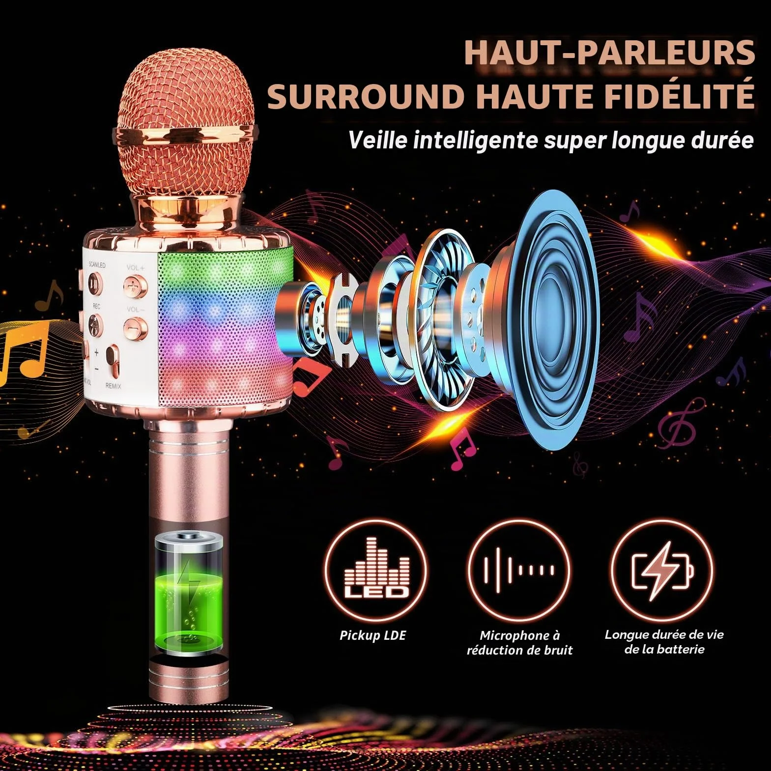 Microphone Karaoke sans Fil Bluetooth Portable avec LED Lumière Disco pour Enfants Adultes Chanter Compatible Android iOS PC Smartphone Or Rose