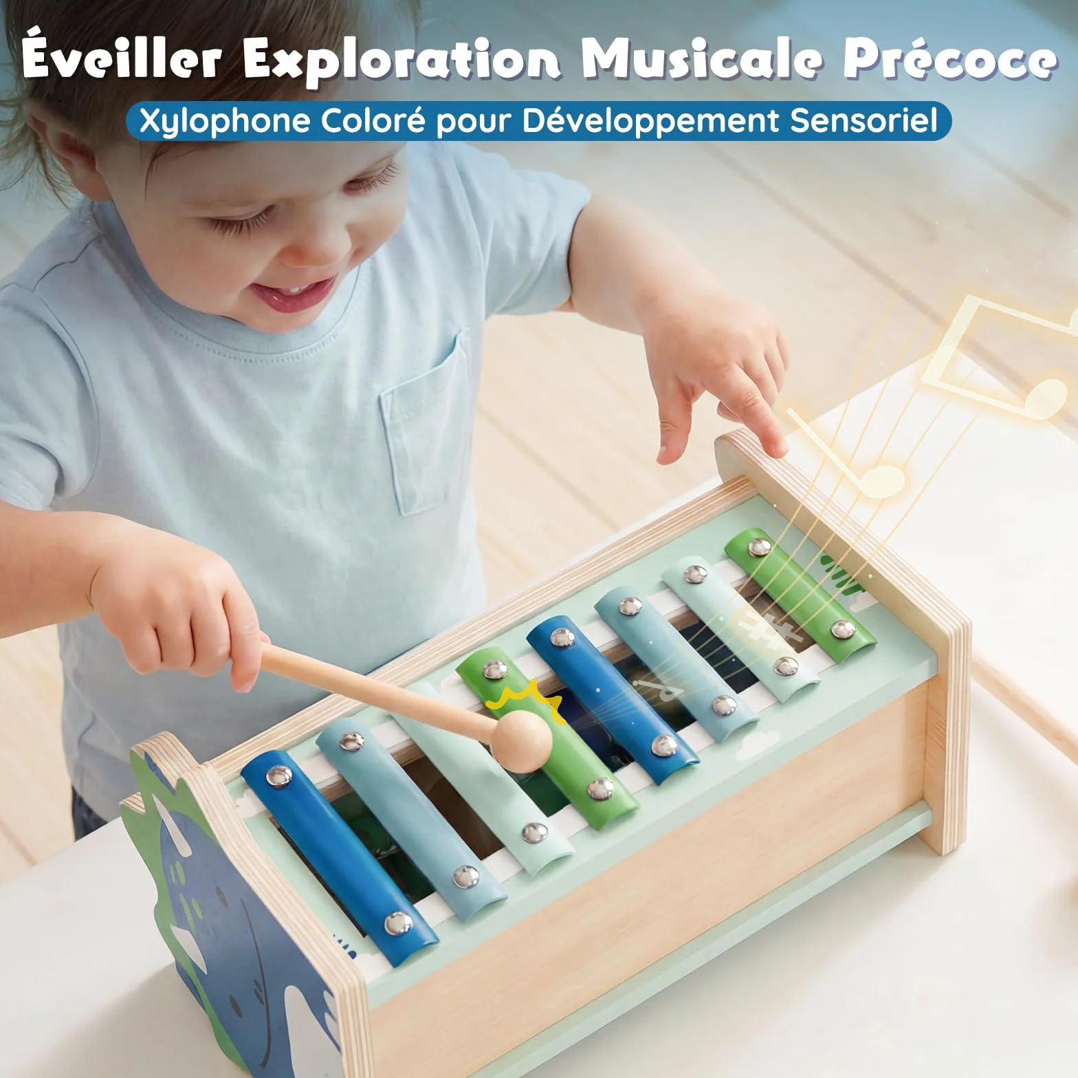Jouets Montessori 1 An, Jouet en Bois avec Xylophone et Marteaux, Jouets d'Éveil Motricité pour Tout-petits 1-3 Ans