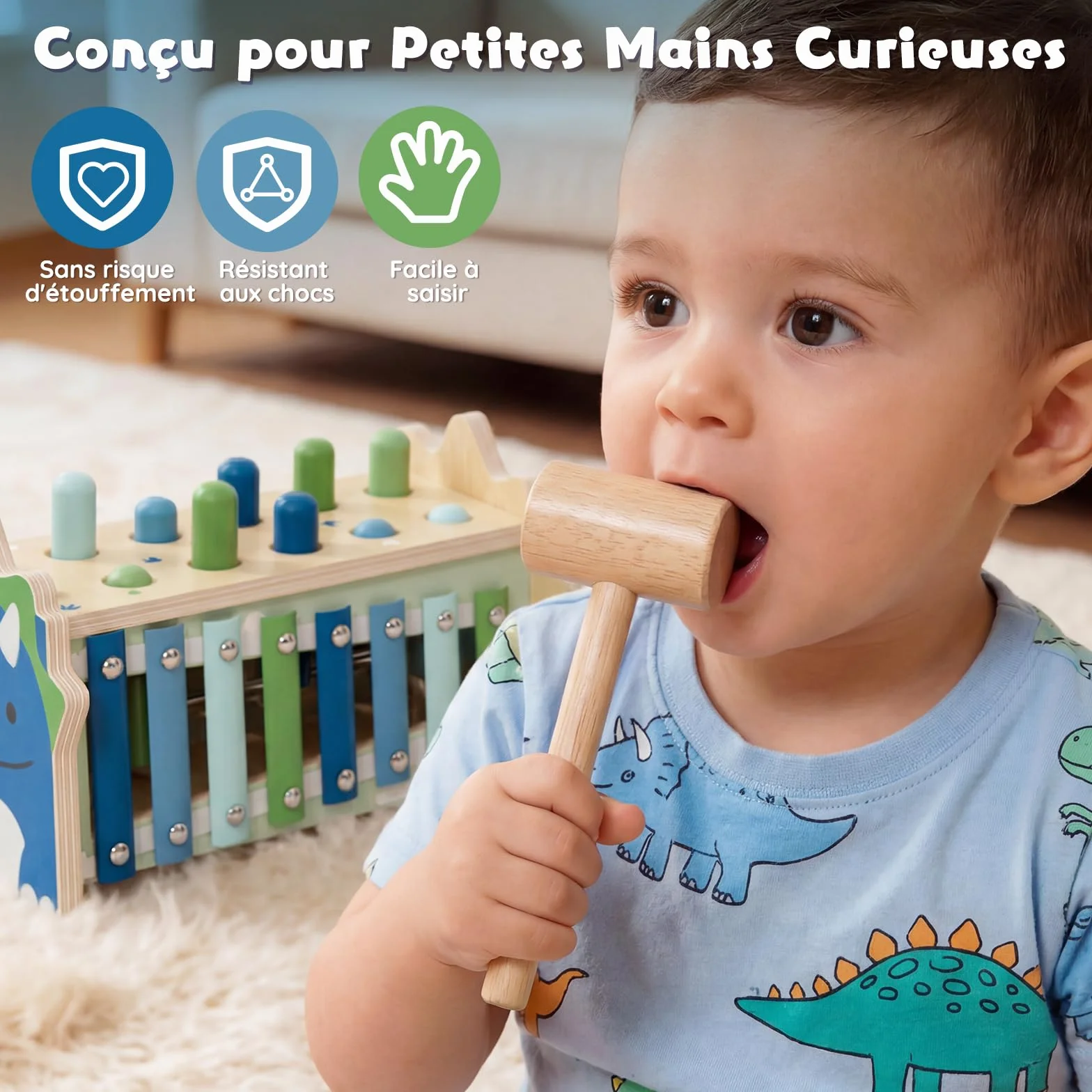 Jouets Montessori 1 An, Jouet en Bois avec Xylophone et Marteaux, Jouets d'Éveil Motricité pour Tout-petits 1-3 Ans