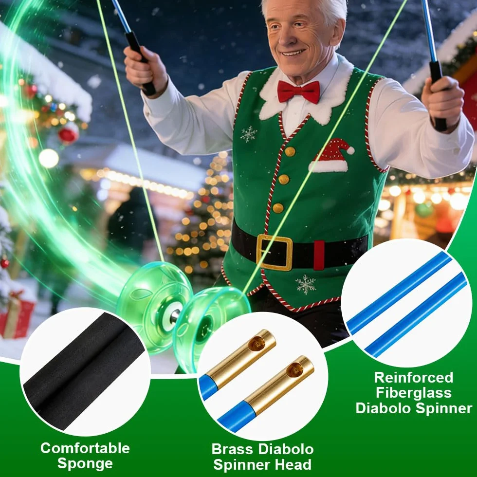 Kit de Jonglerie Diabolo avec Roulement à Billes et Lumière LED, Caoutchouc Souple Transparent, Vert