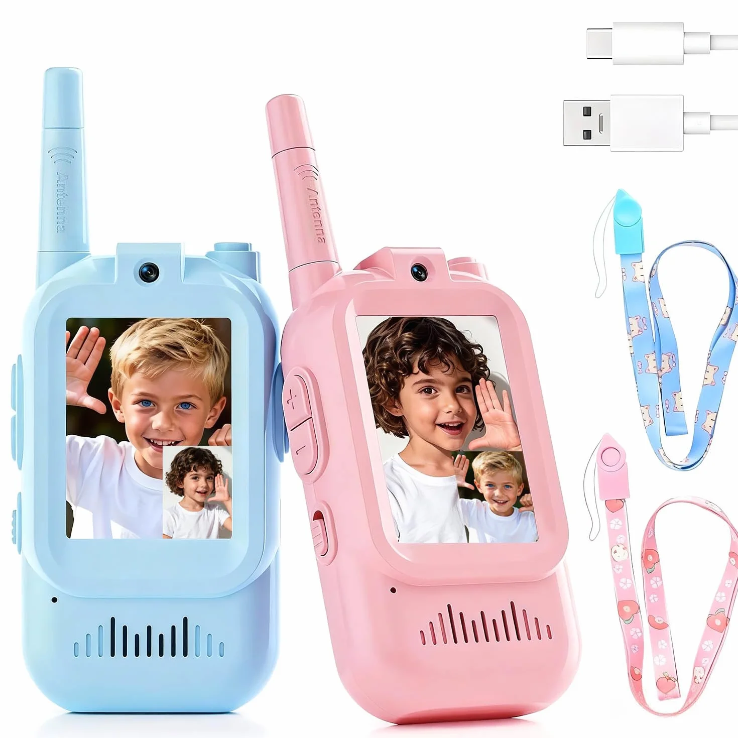 Talkie Walkie Enfant Caméra Vidéo Rechargeables 2pcs Cadeau Fille 3-12 Ans Portée 200m