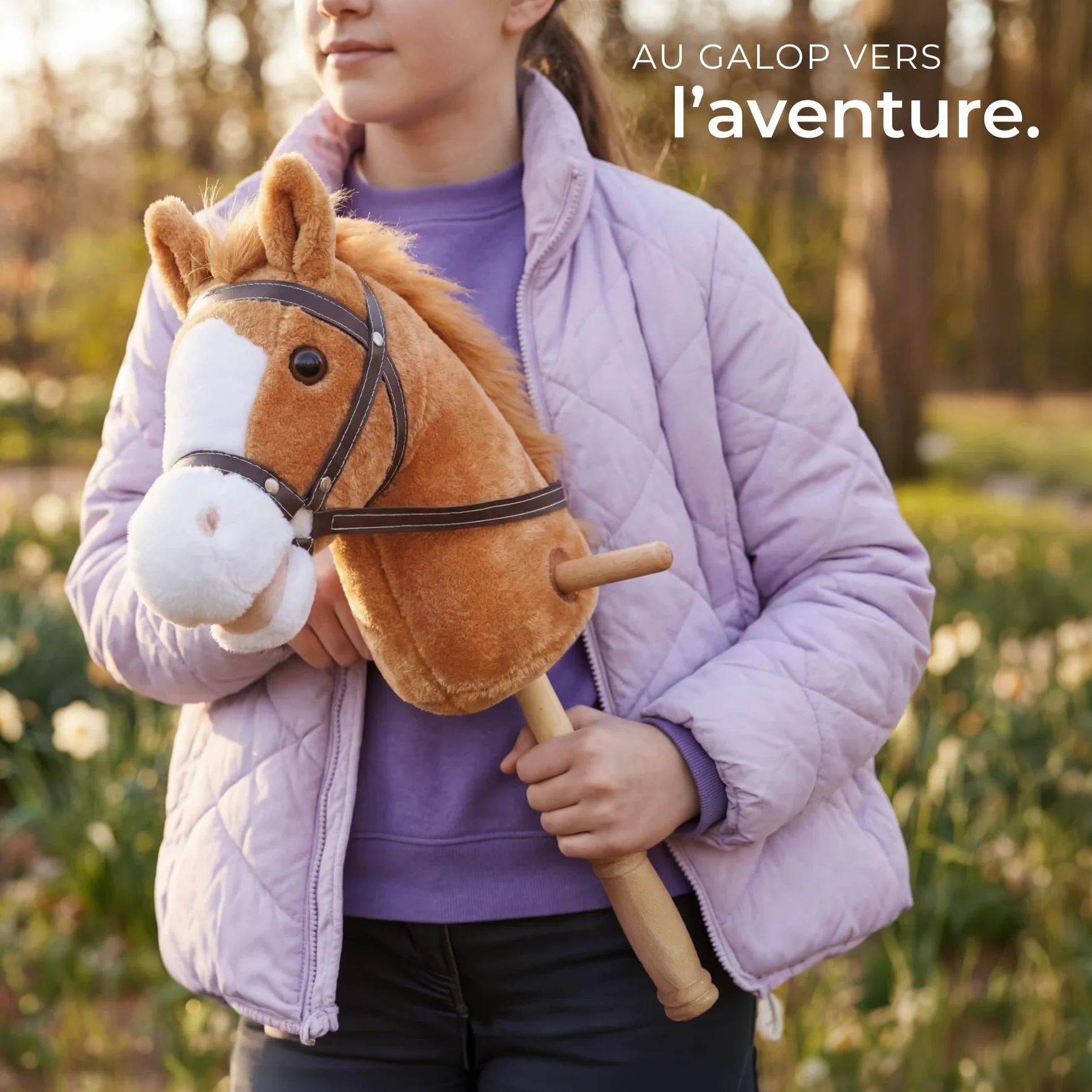Tectake Hobby Horse 103 cm, Cheval Bâton à partir de 24 Mois, Poignées Latérales et Roulettes, Peluche Douce