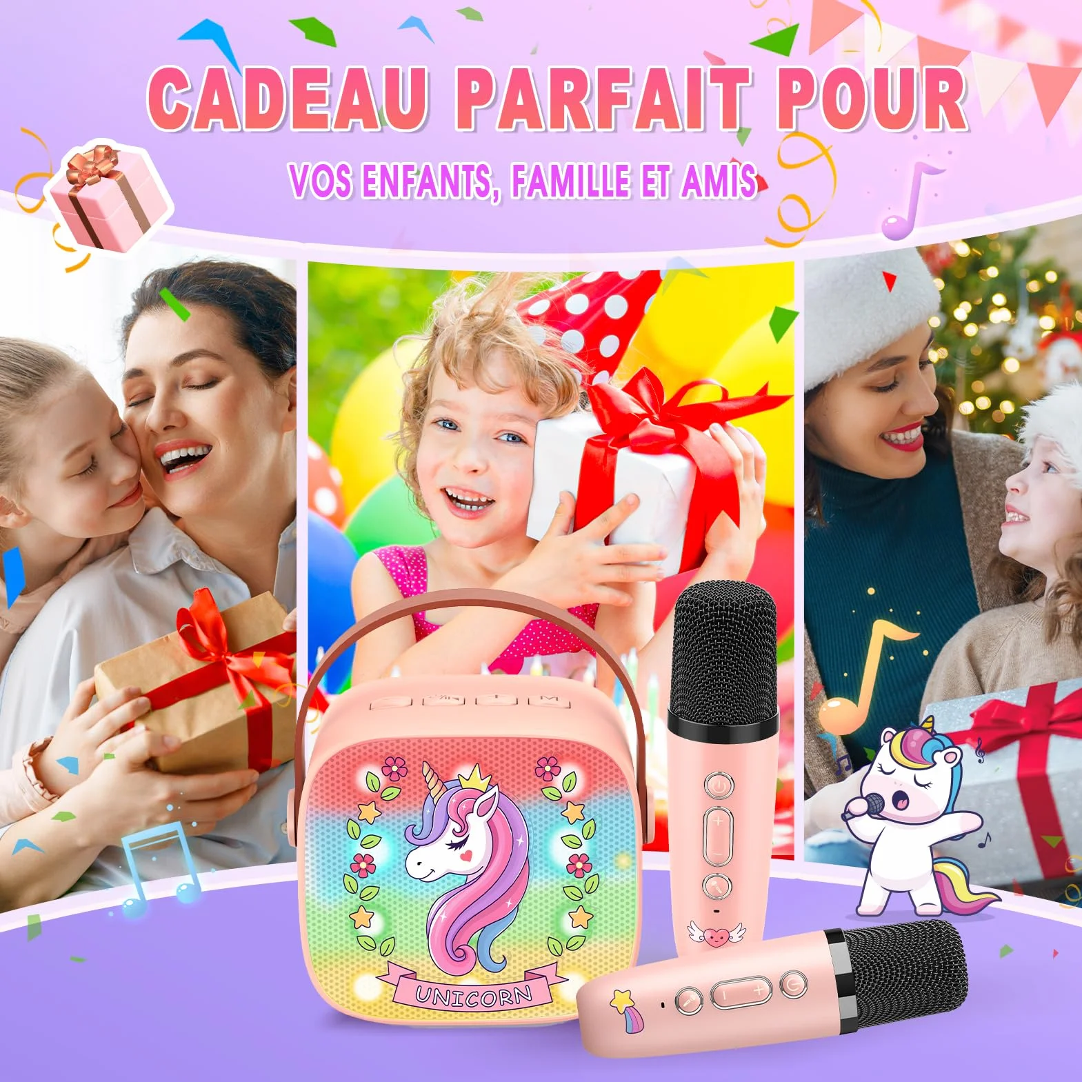 Micro Karaoke Enfant avec 2 Micros sans Fil Bluetooth, Cadeau Fille 3-12 Ans, Jouet Licorne